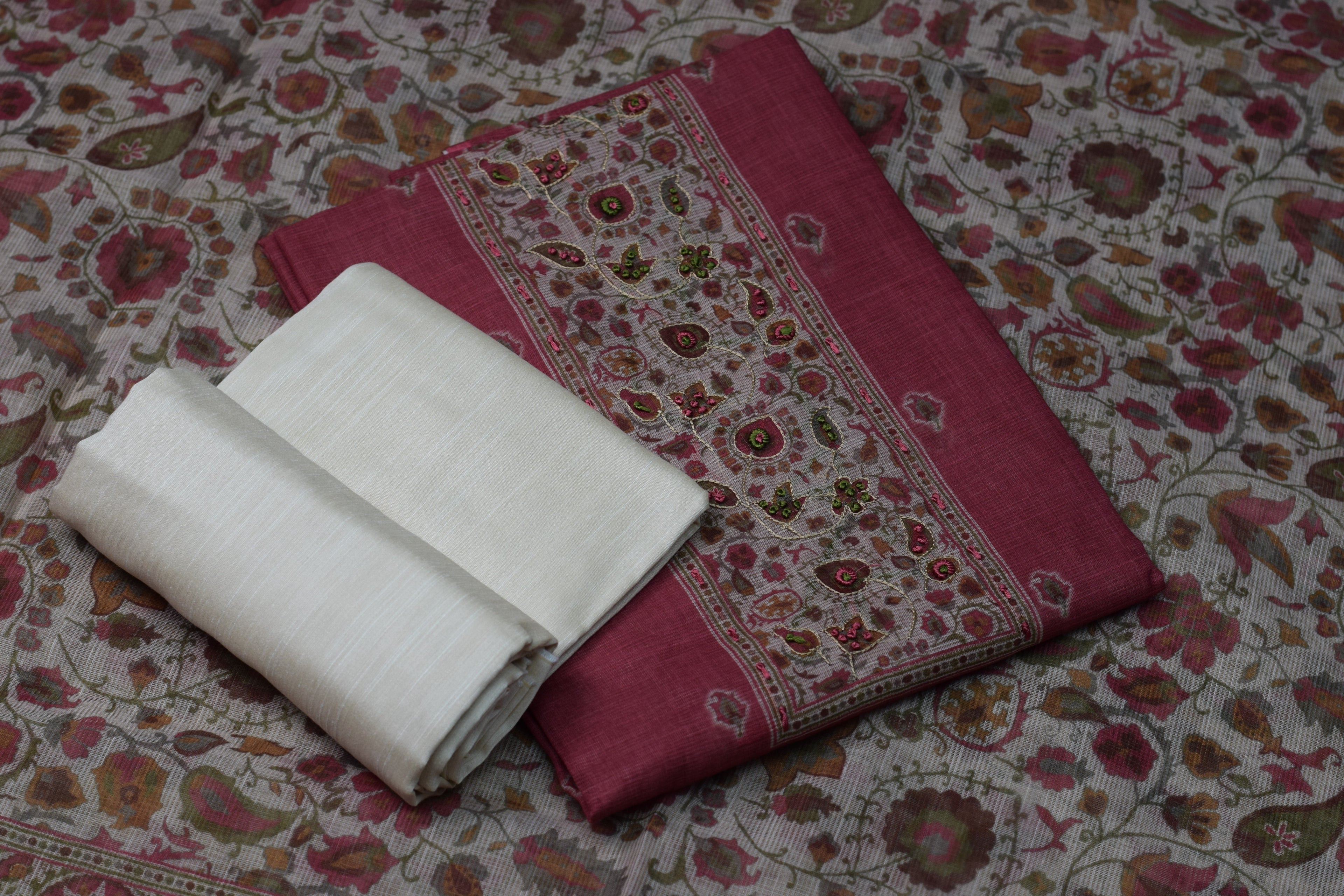 Elegant Pink Chentheri Churidar Dress Material Set with Embroidered Panel & Cream Bottom Fabric