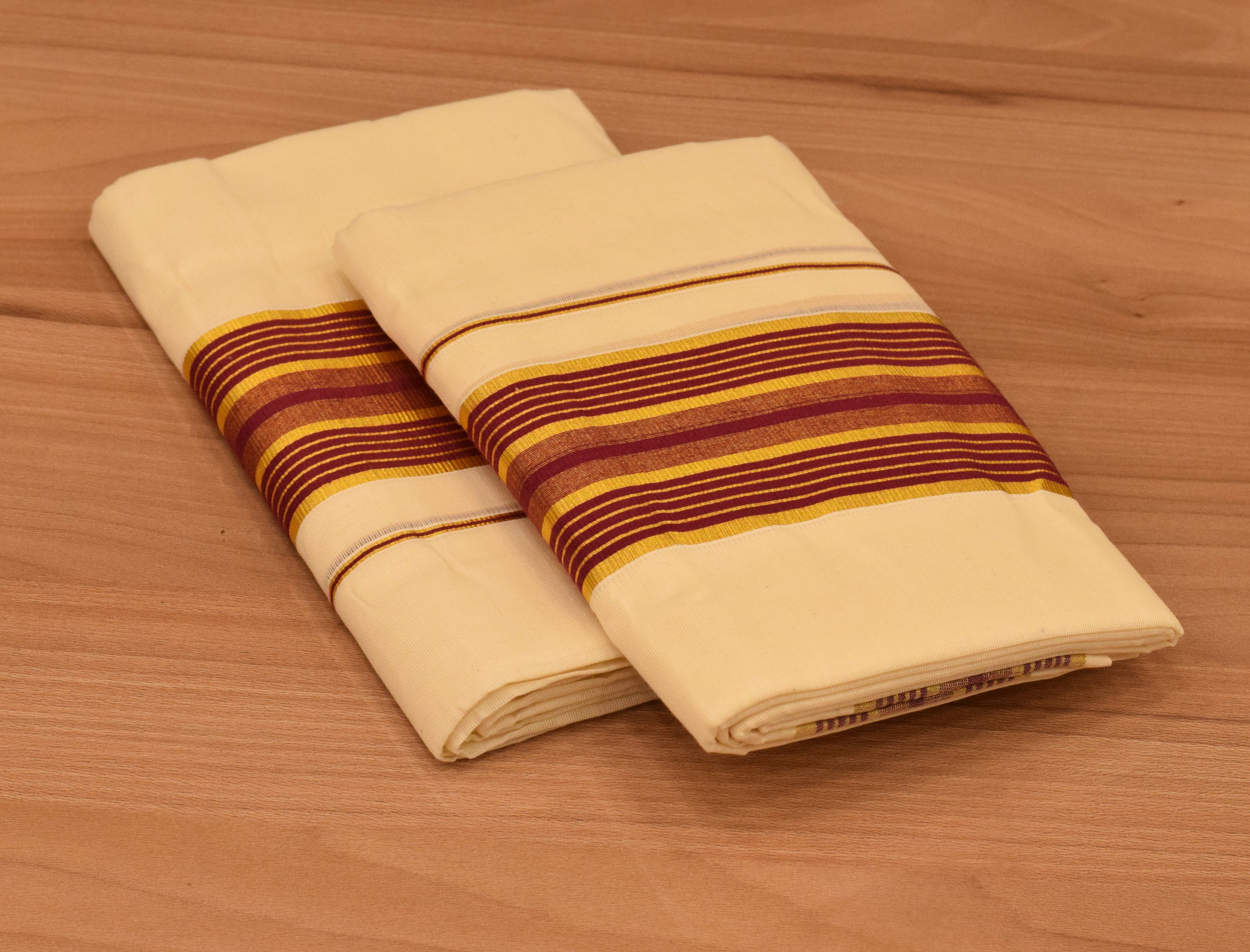 Women's Kerala Set Mundu with Maroon & Gold Striped Border | Off-White Cotton Traditional 2-Piece Set