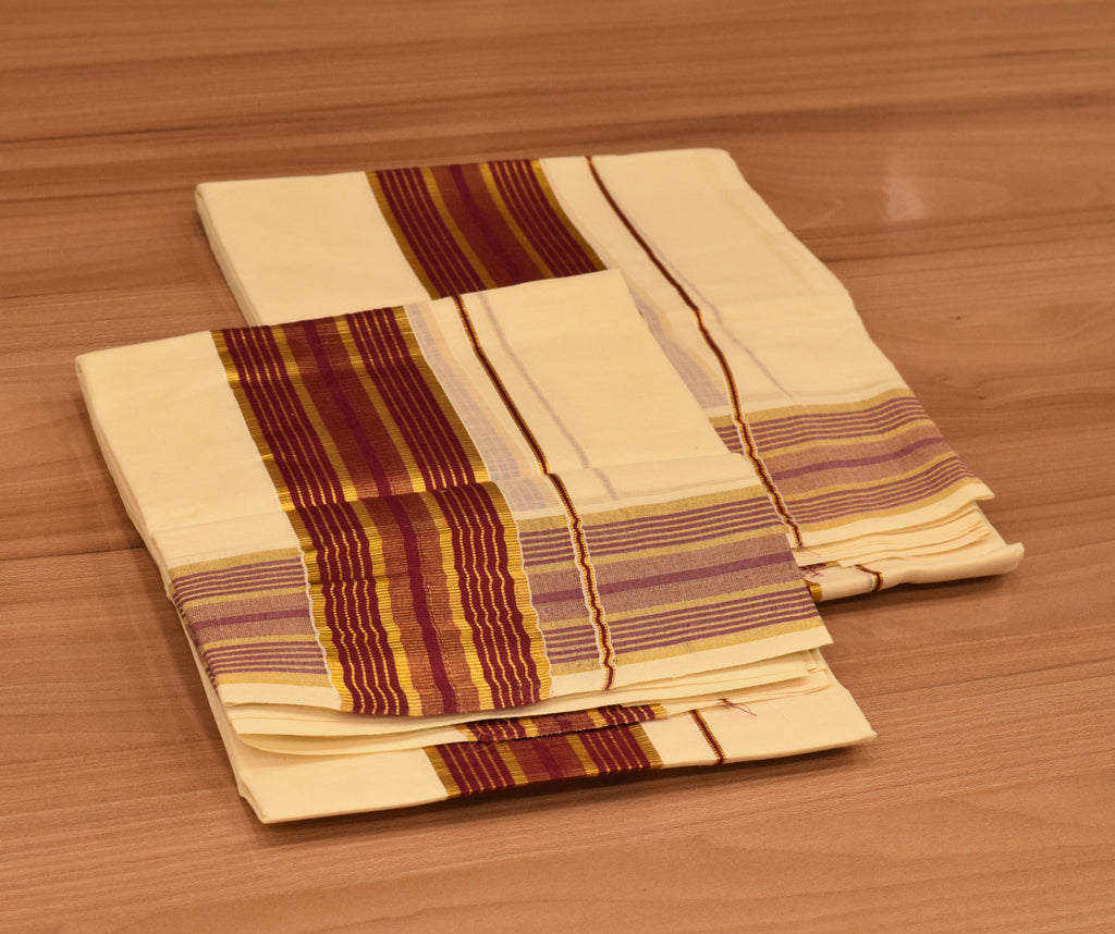 Women's Kerala Set Mundu with Maroon & Gold Striped Border | Off-White Cotton Traditional 2-Piece Set