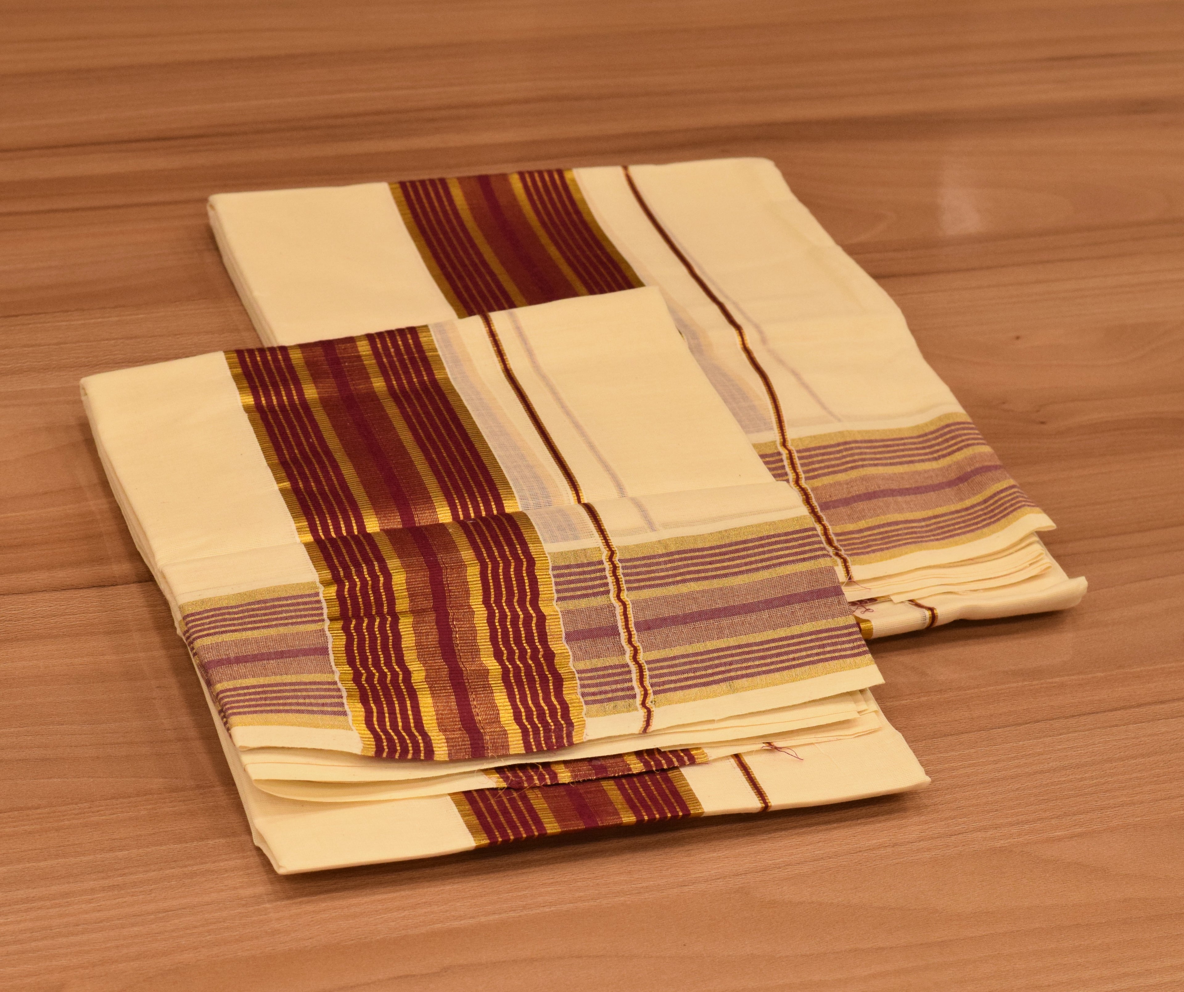 Women's Kerala Set Mundu with Maroon & Gold Striped Border | Off-White Cotton Traditional 2-Piece Set