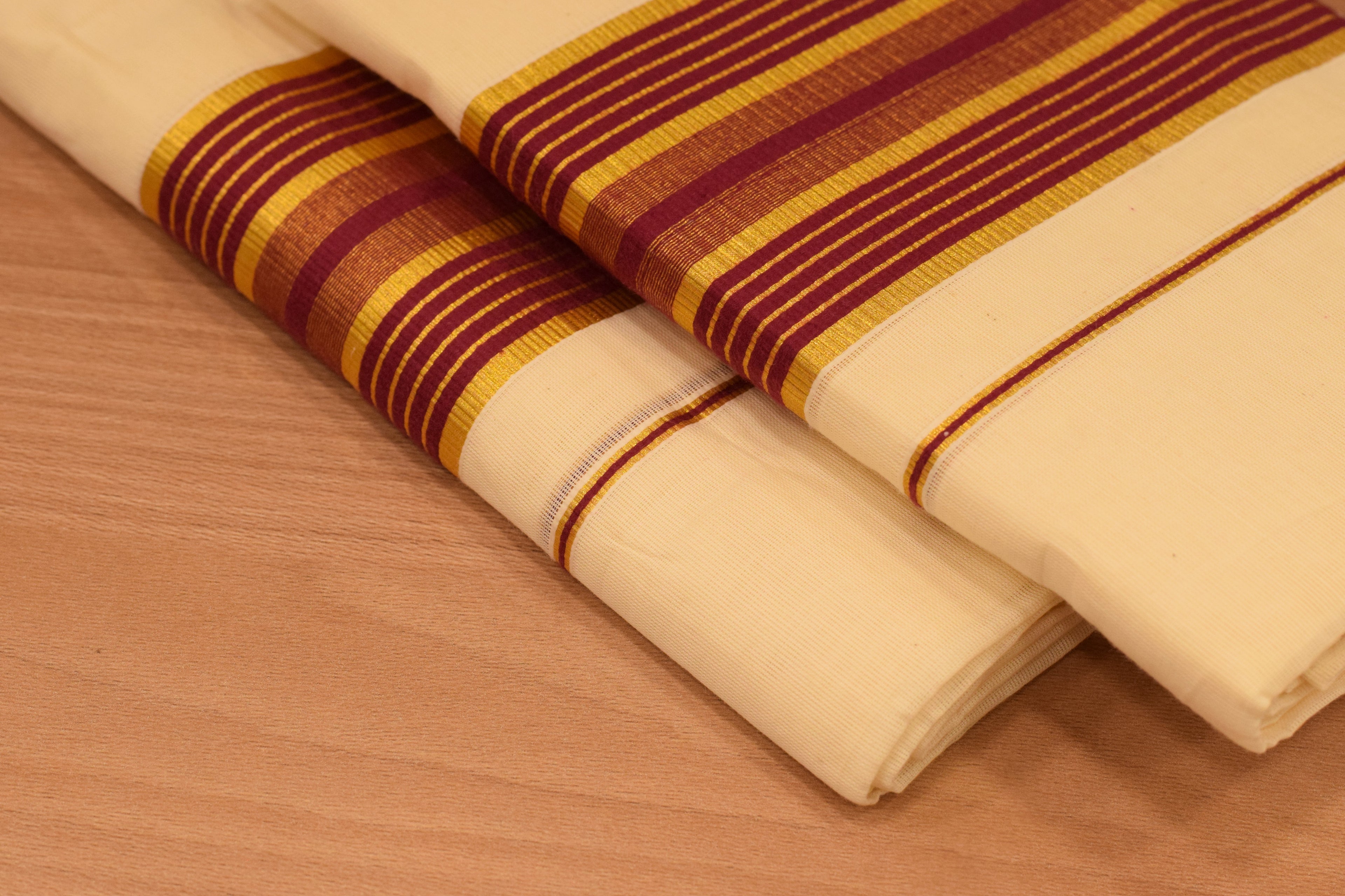 Women's Kerala Set Mundu with Maroon & Gold Striped Border | Off-White Cotton Traditional 2-Piece Set