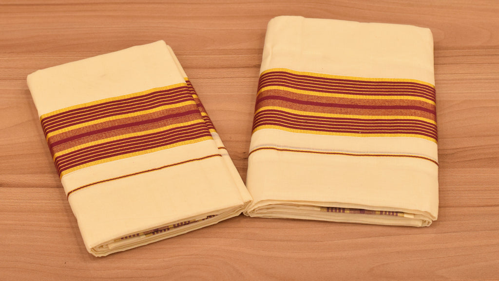 Women's Kerala Set Mundu with Maroon & Gold Striped Border | Off-White Cotton Traditional 2-Piece Set