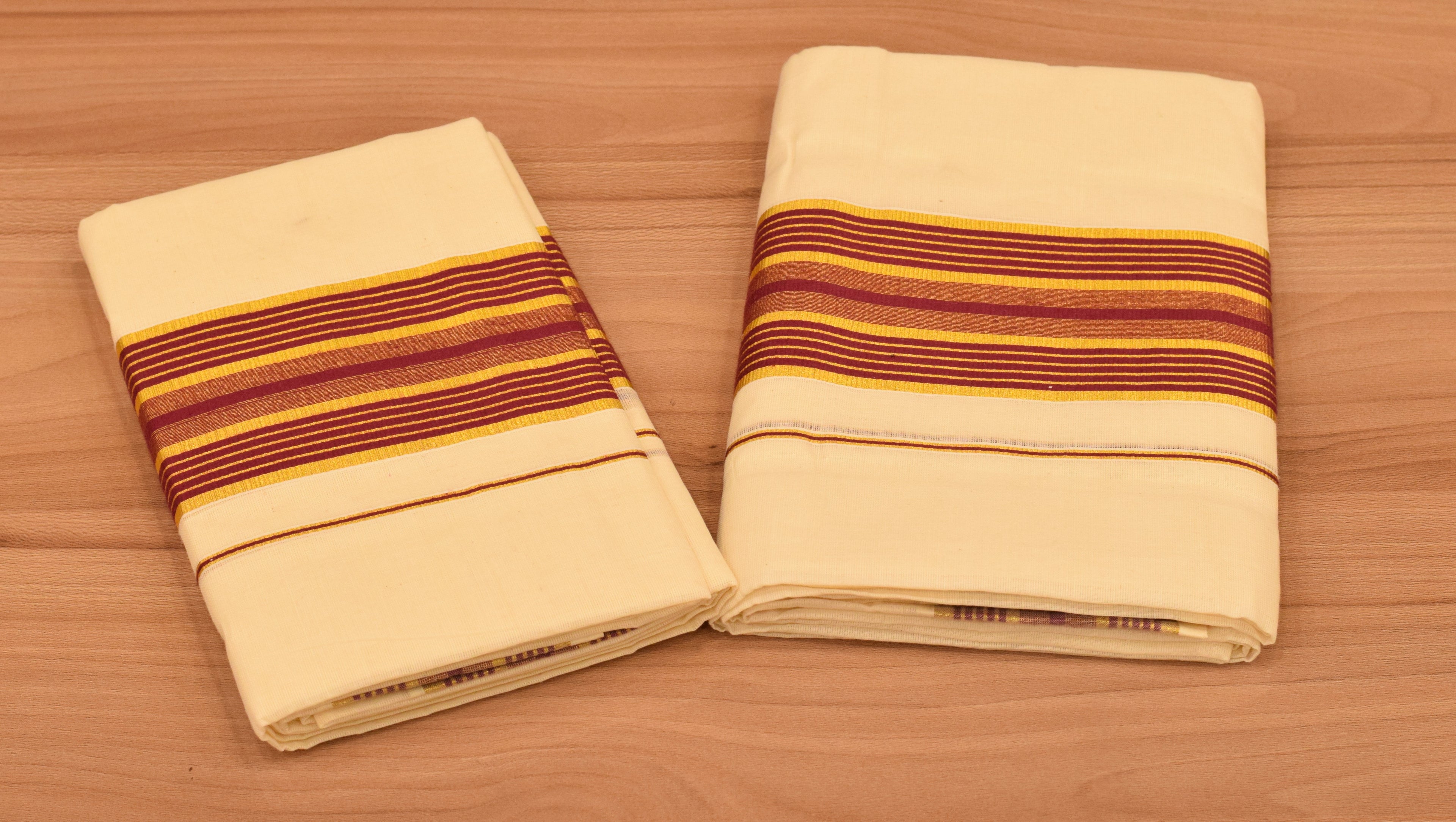 Women's Kerala Set Mundu with Maroon & Gold Striped Border | Off-White Cotton Traditional 2-Piece Set