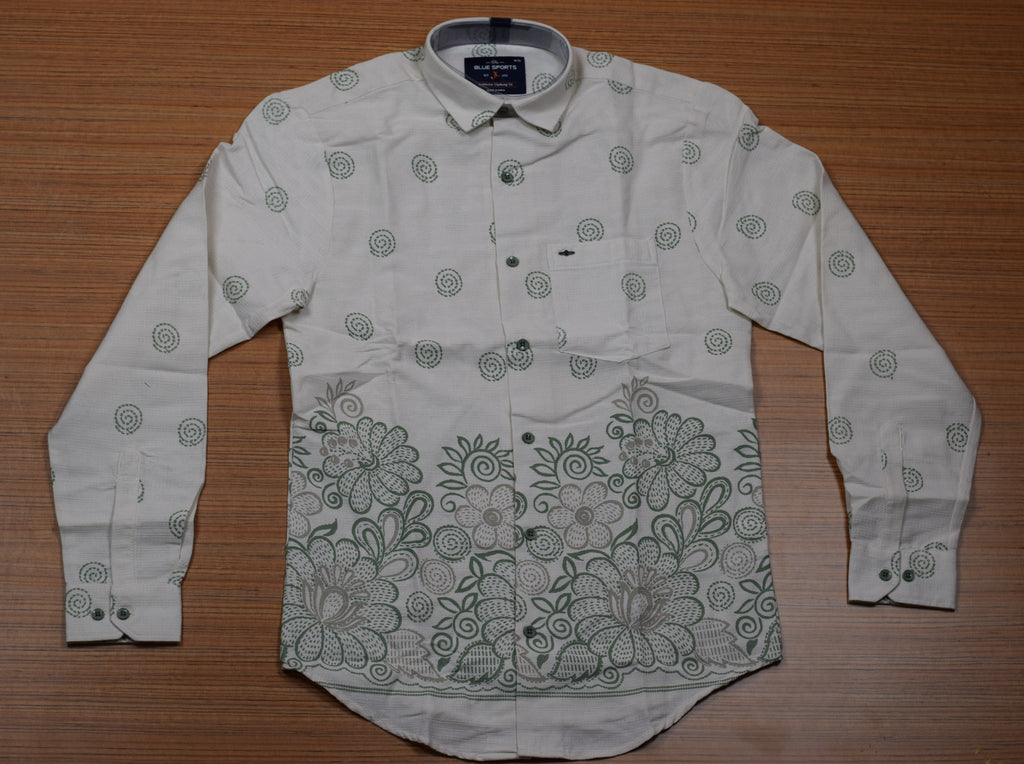 Men's Off-White Cotton Floral Printed Full Sleeve Casual Shirt | Green Botanical Print | Regular Fit