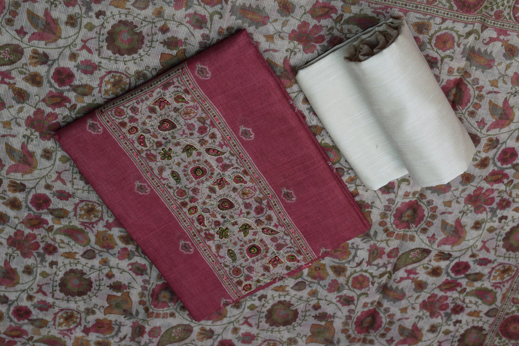 Elegant Pink Chentheri Churidar Dress Material Set with Embroidered Panel & Cream Bottom Fabric