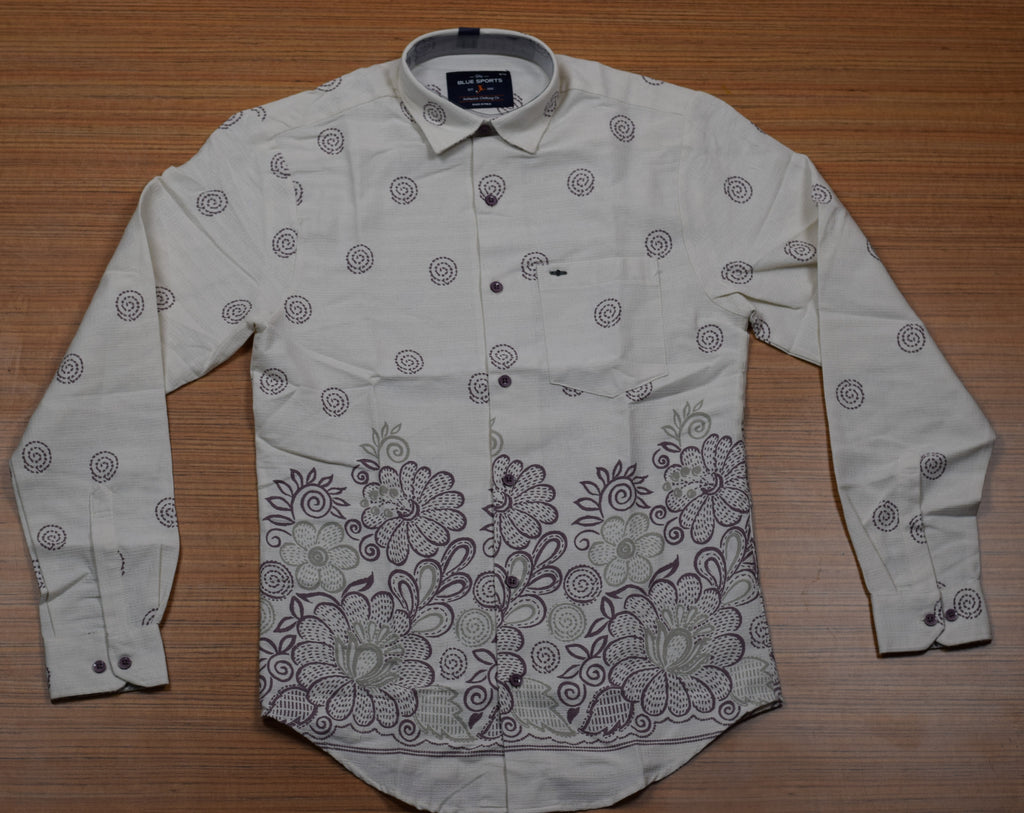 Men's Off-White Cotton Floral Printed Full Sleeve Casual Shirt