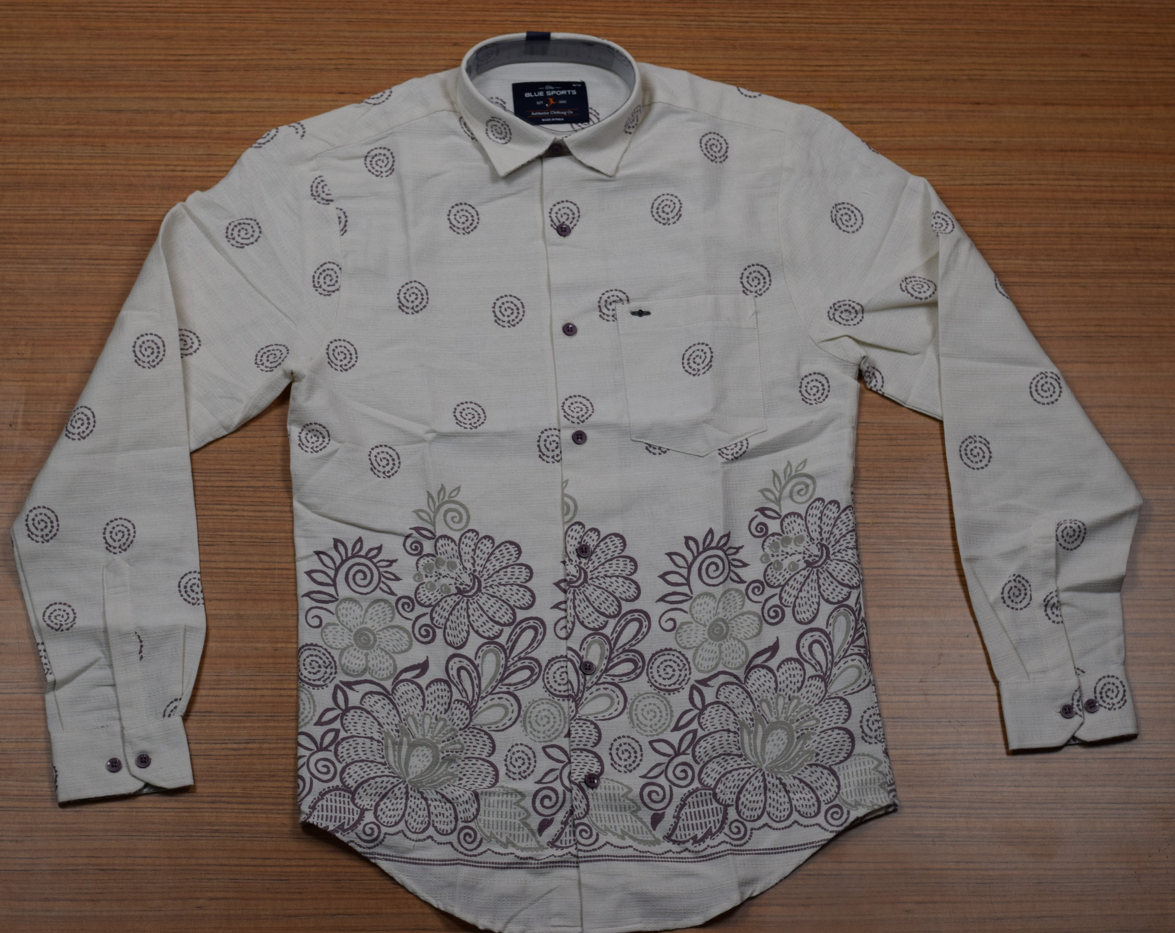 Men's Off-White Cotton Floral Printed Full Sleeve Casual Shirt