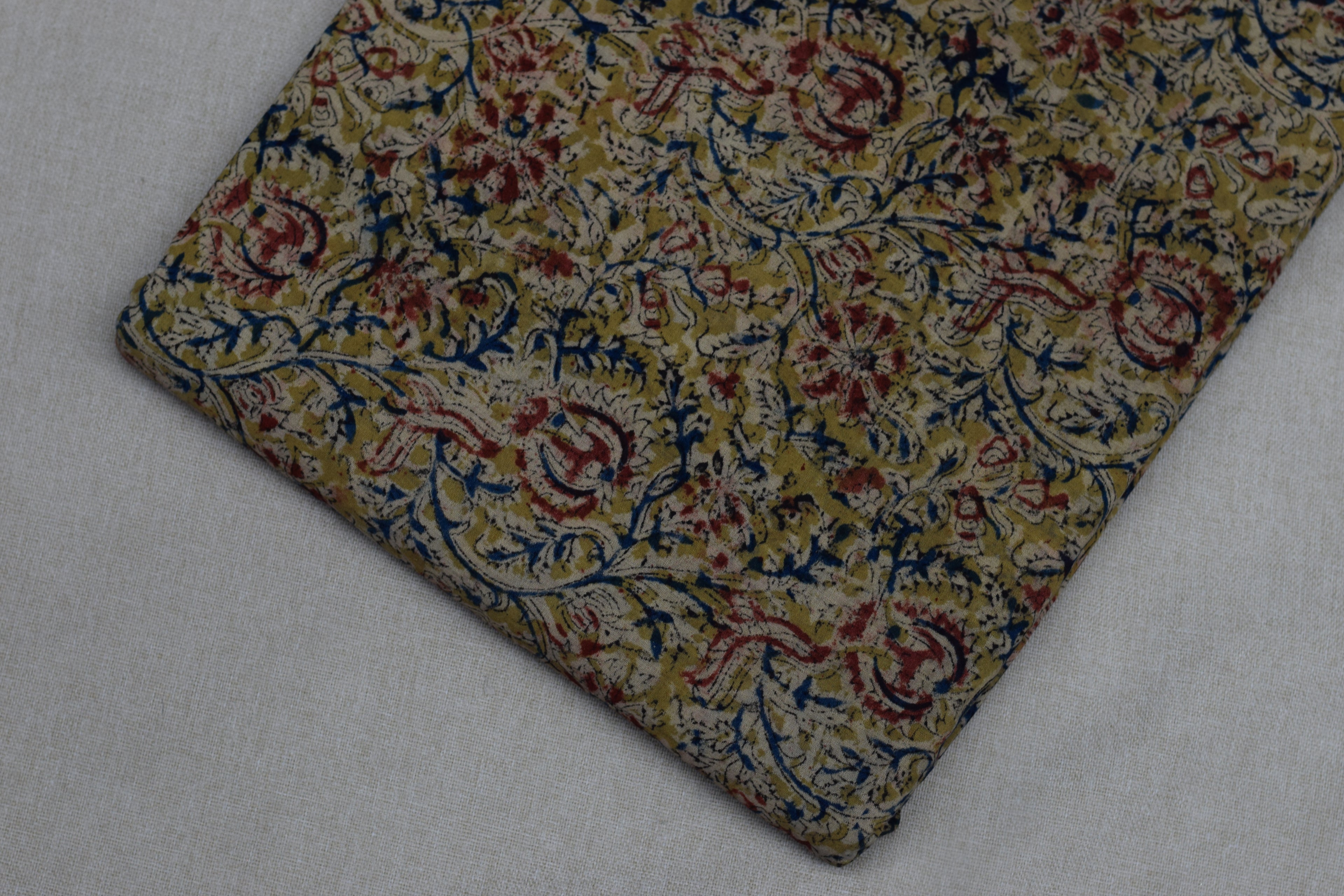 Vintage Olive Kalamkari Print Cotton Churidar Material – 44 Inch Width | Top Fabric 2.5 Meters