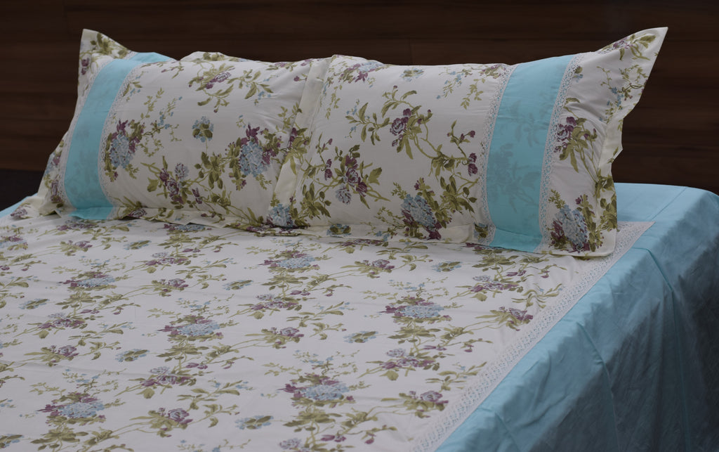 Premium Floral Cotton Bedspread Set with 2 Pillow Covers | Sky Blue & Ivory | 96 x 102 Inches