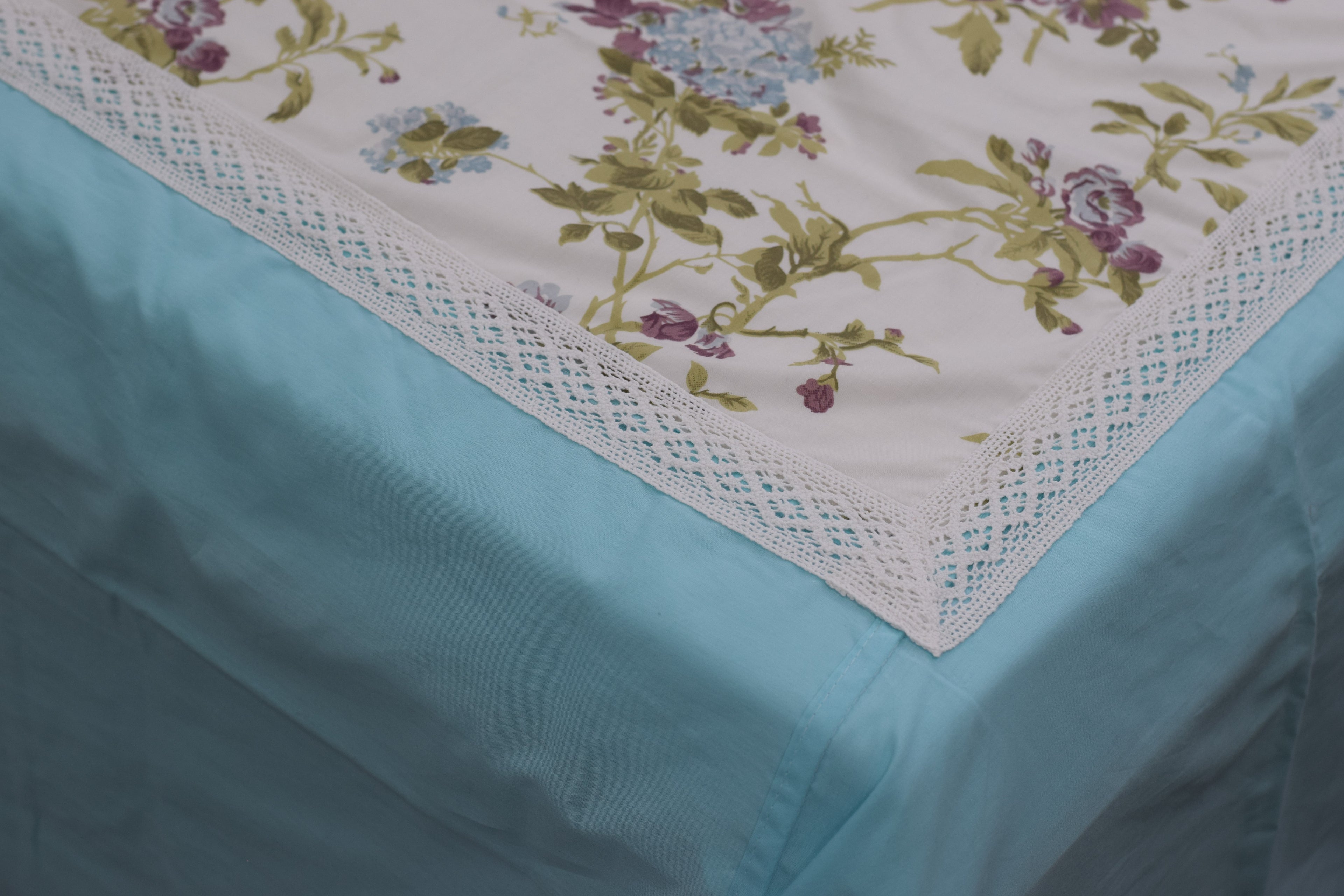 Premium Floral Cotton Bedspread Set with 2 Pillow Covers | Sky Blue & Ivory | 96 x 102 Inches