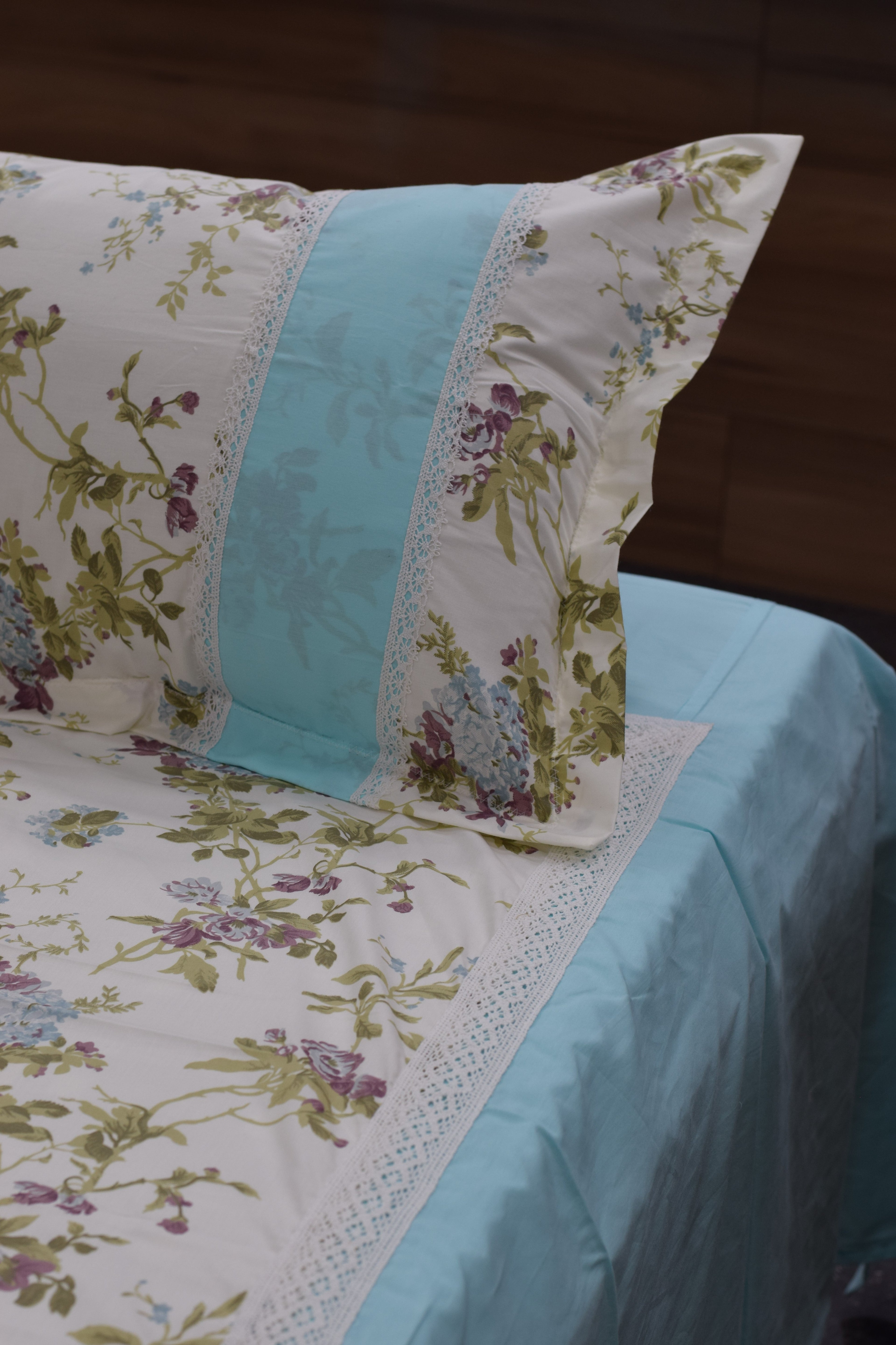 Premium Floral Cotton Bedspread Set with 2 Pillow Covers | Sky Blue & Ivory | 96 x 102 Inches