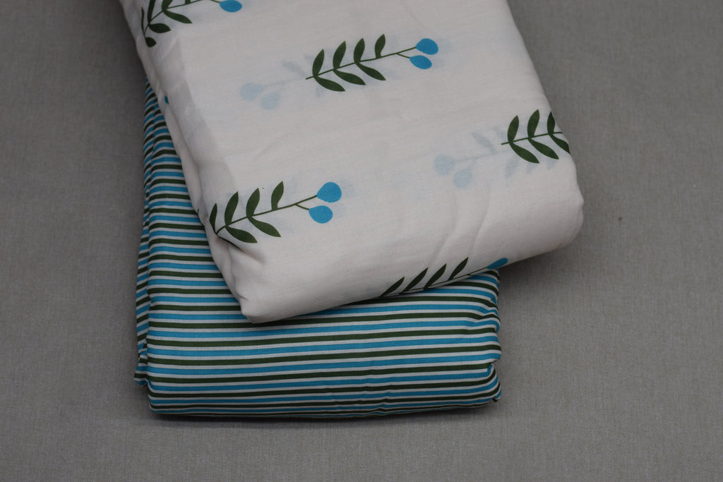 Blue Botanical Semi Linen Dress Material Set – Unstitched Top & Bottom Fabric