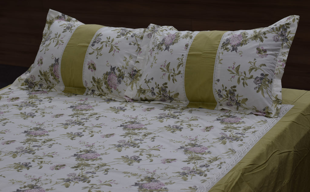 Premium Floral Cotton Bedspread with 2 Pillow Covers | Olive Green & Ivory | 94 x 104 Inches (239 x 264 cm)