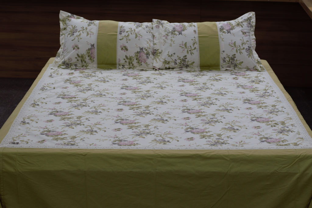 Premium Floral Cotton Bedspread with 2 Pillow Covers | Olive Green & Ivory | 94 x 104 Inches (239 x 264 cm)