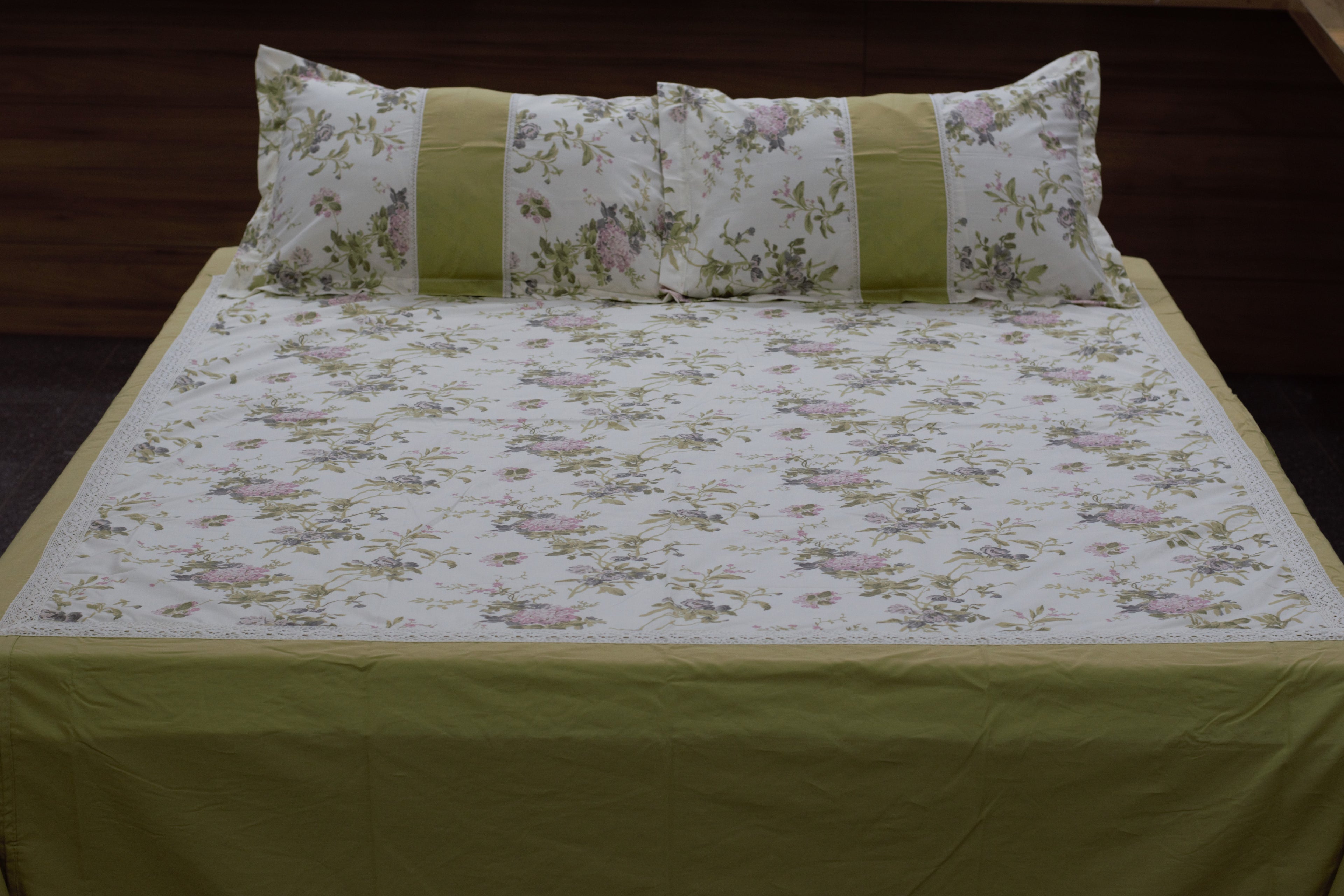 Premium Floral Cotton Bedspread with 2 Pillow Covers | Olive Green & Ivory | 94 x 104 Inches (239 x 264 cm)