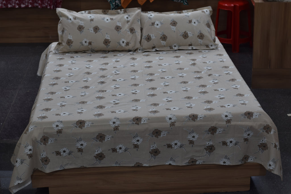 Elegant Beige Floral Queen Size Bedsheet Set