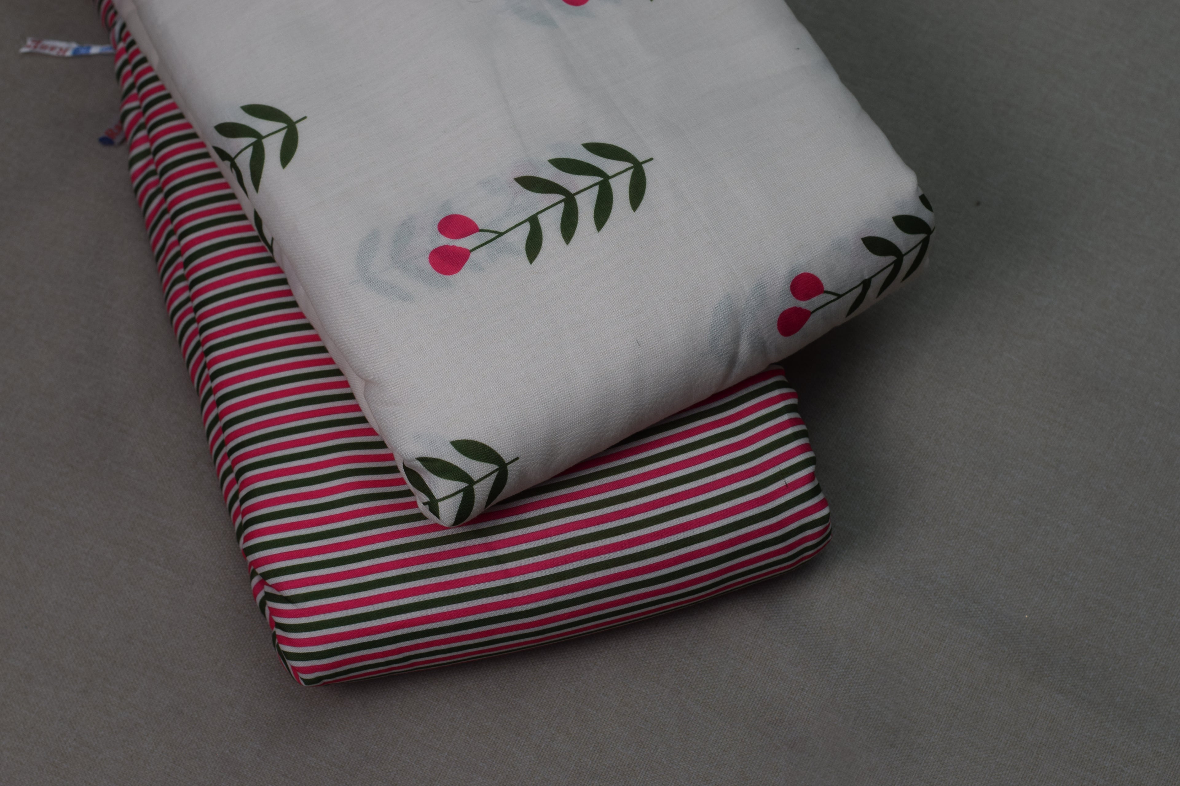 Cherry Blossom Semi Linen Dress Material Set – White Floral Print with Striped Bottom