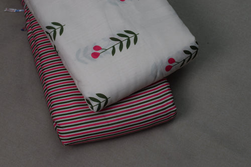 Cherry Blossom Semi Linen Dress Material Set – White Floral Print with Striped Bottom