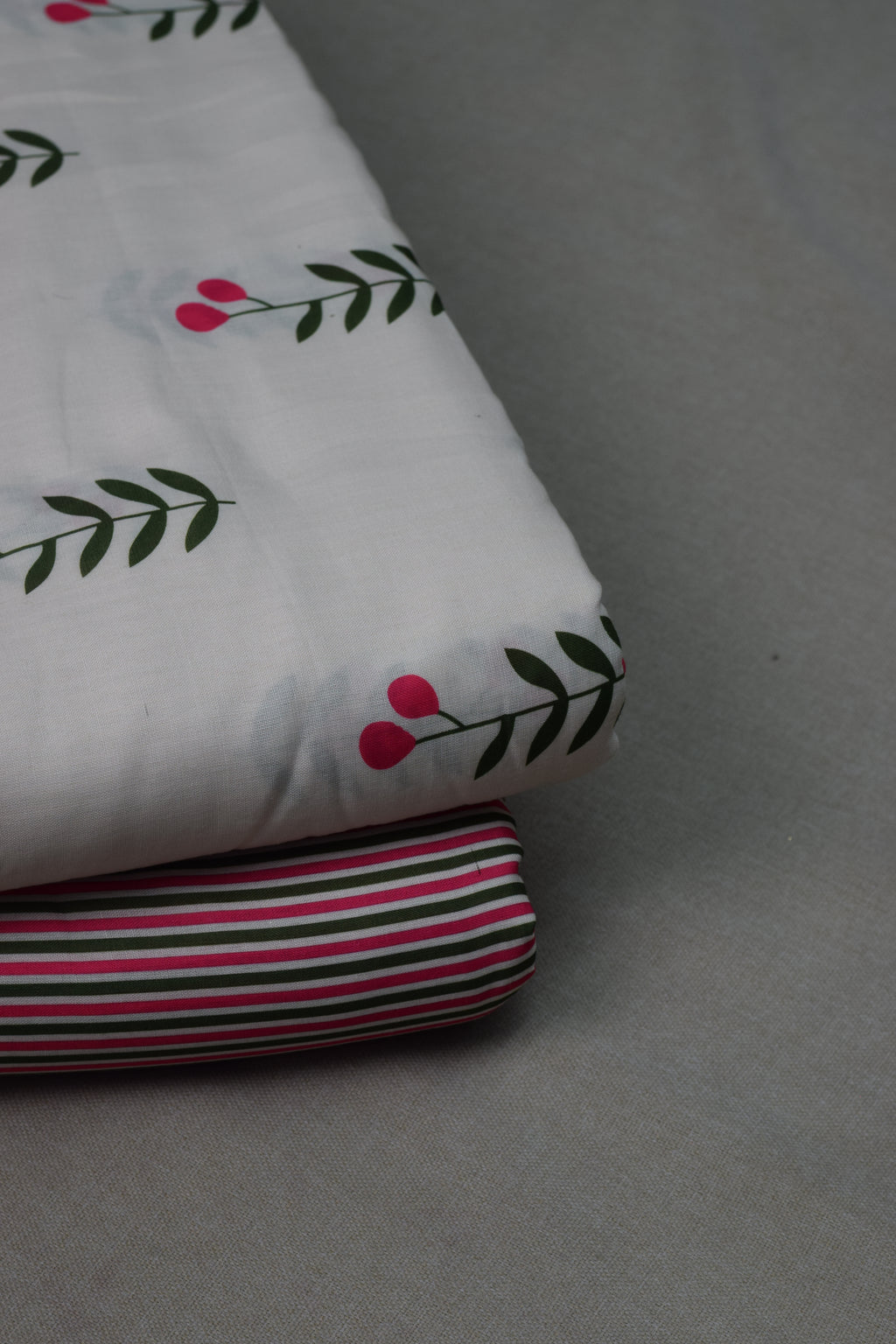 Cherry Blossom Semi Linen Dress Material Set – White Floral Print with Striped Bottom