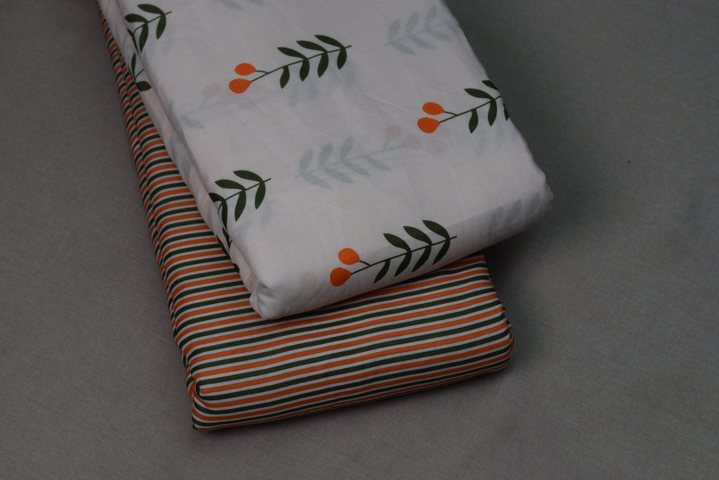Semi Linen Floral Dress Material Set – White &Orange Botanical Print | Top & Bottom Fabric