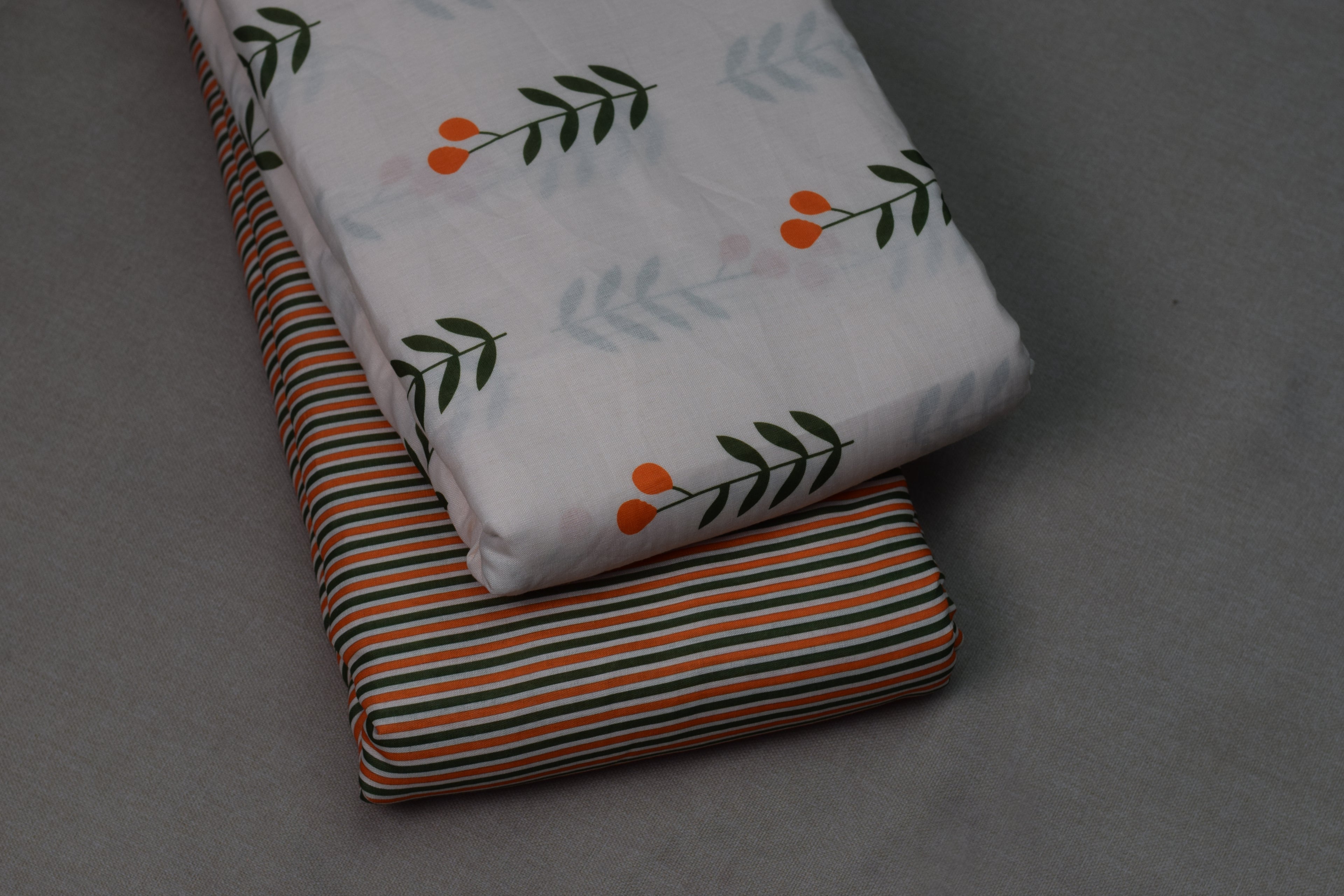 Semi Linen Floral Dress Material Set – White &Orange Botanical Print | Top & Bottom Fabric