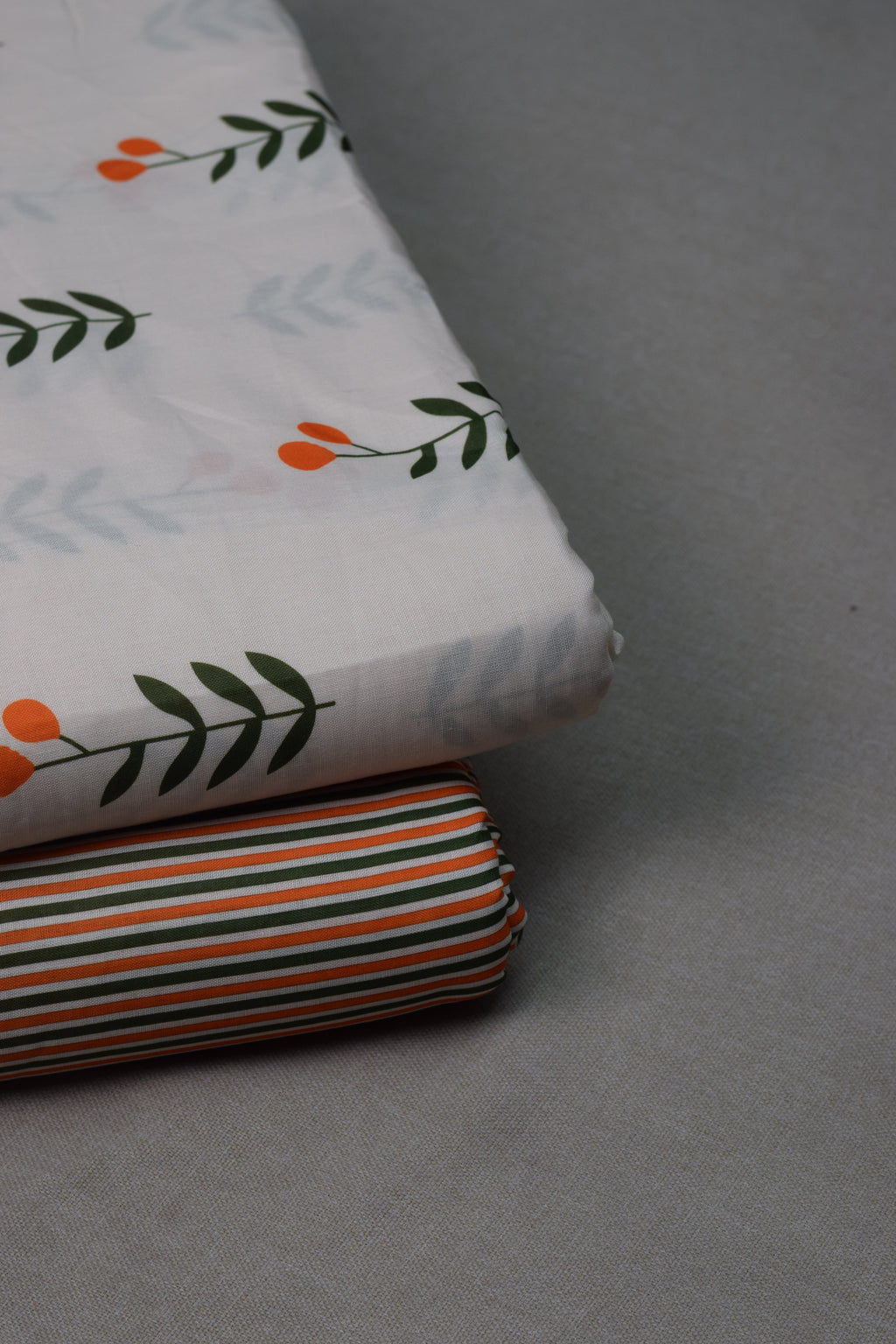 Semi Linen Floral Dress Material Set – White &Orange Botanical Print | Top & Bottom Fabric