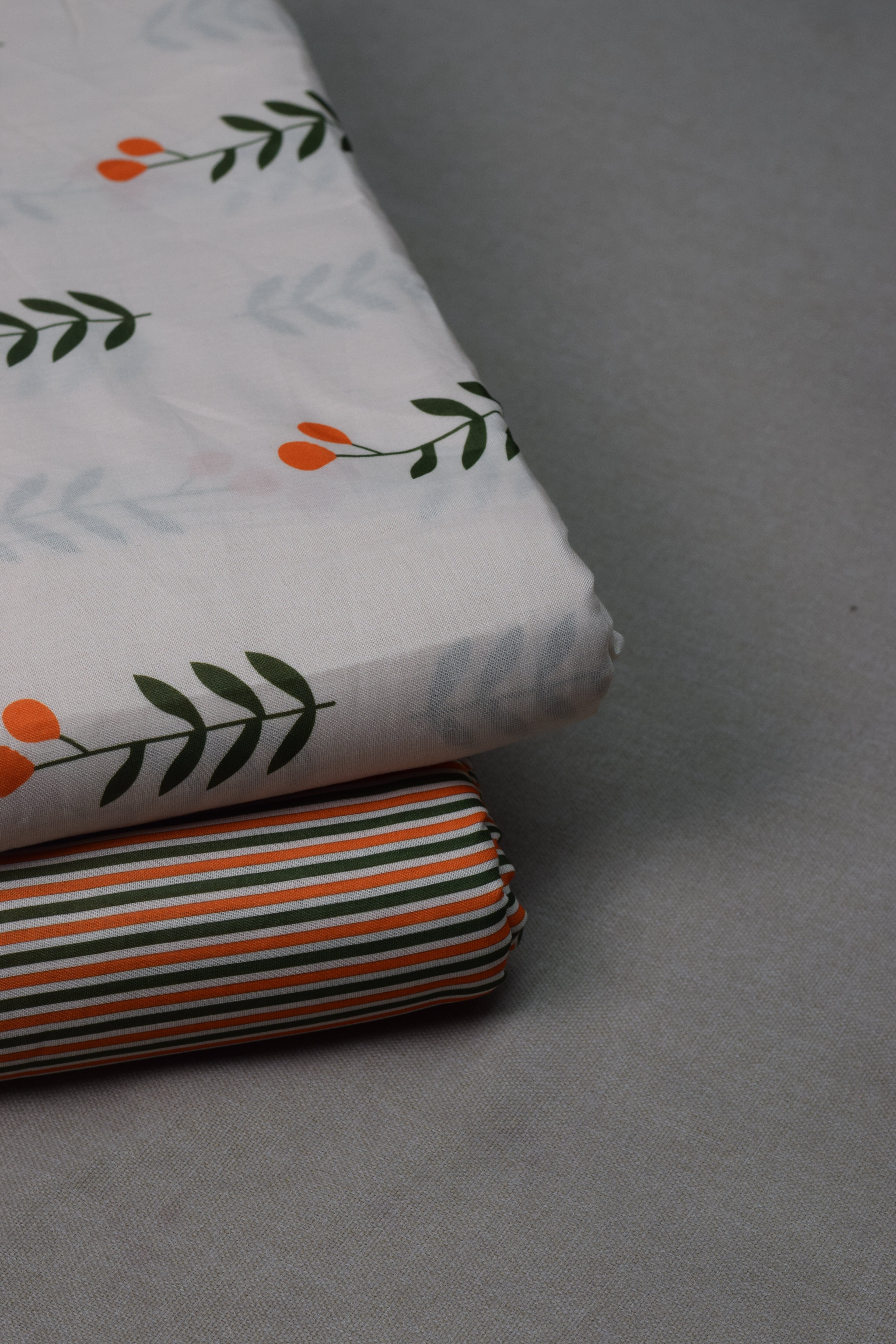 Semi Linen Floral Dress Material Set – White &Orange Botanical Print | Top & Bottom Fabric