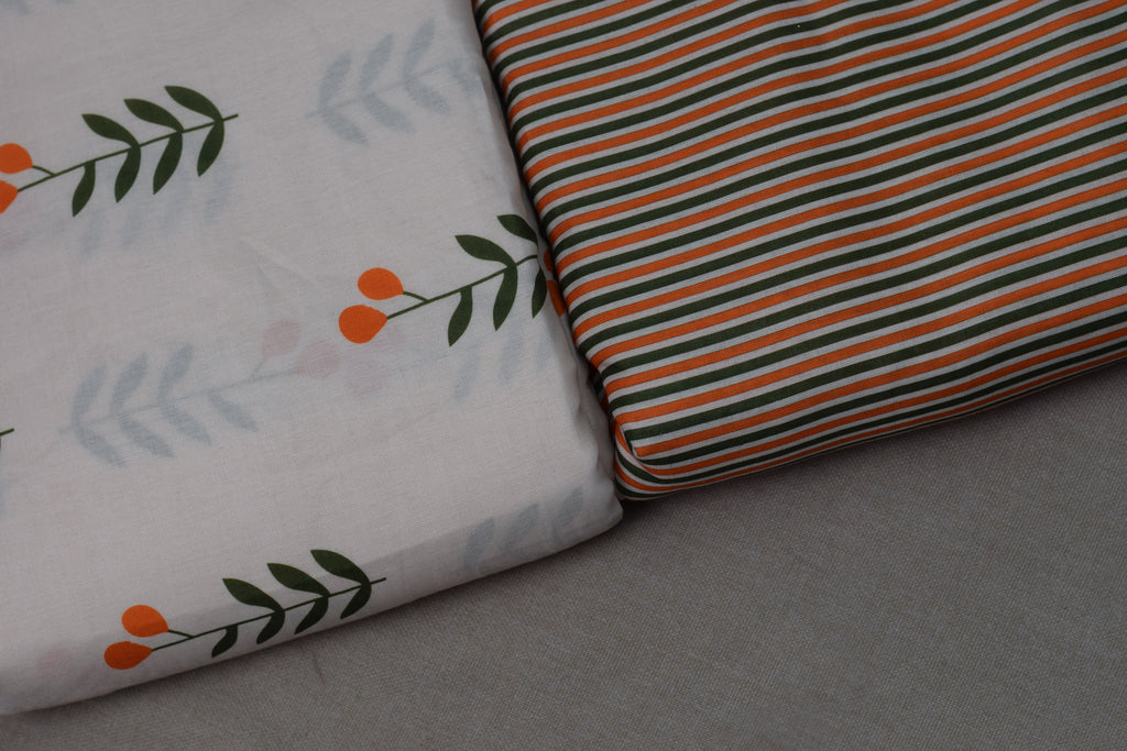 Semi Linen Floral Dress Material Set – White &Orange Botanical Print | Top & Bottom Fabric