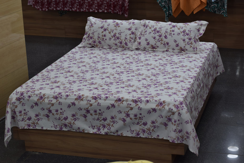 Elegant Purple Floral Queen Size Bedsheet with 2 Pillow Covers – Soft Cotton Blend Bedding Set