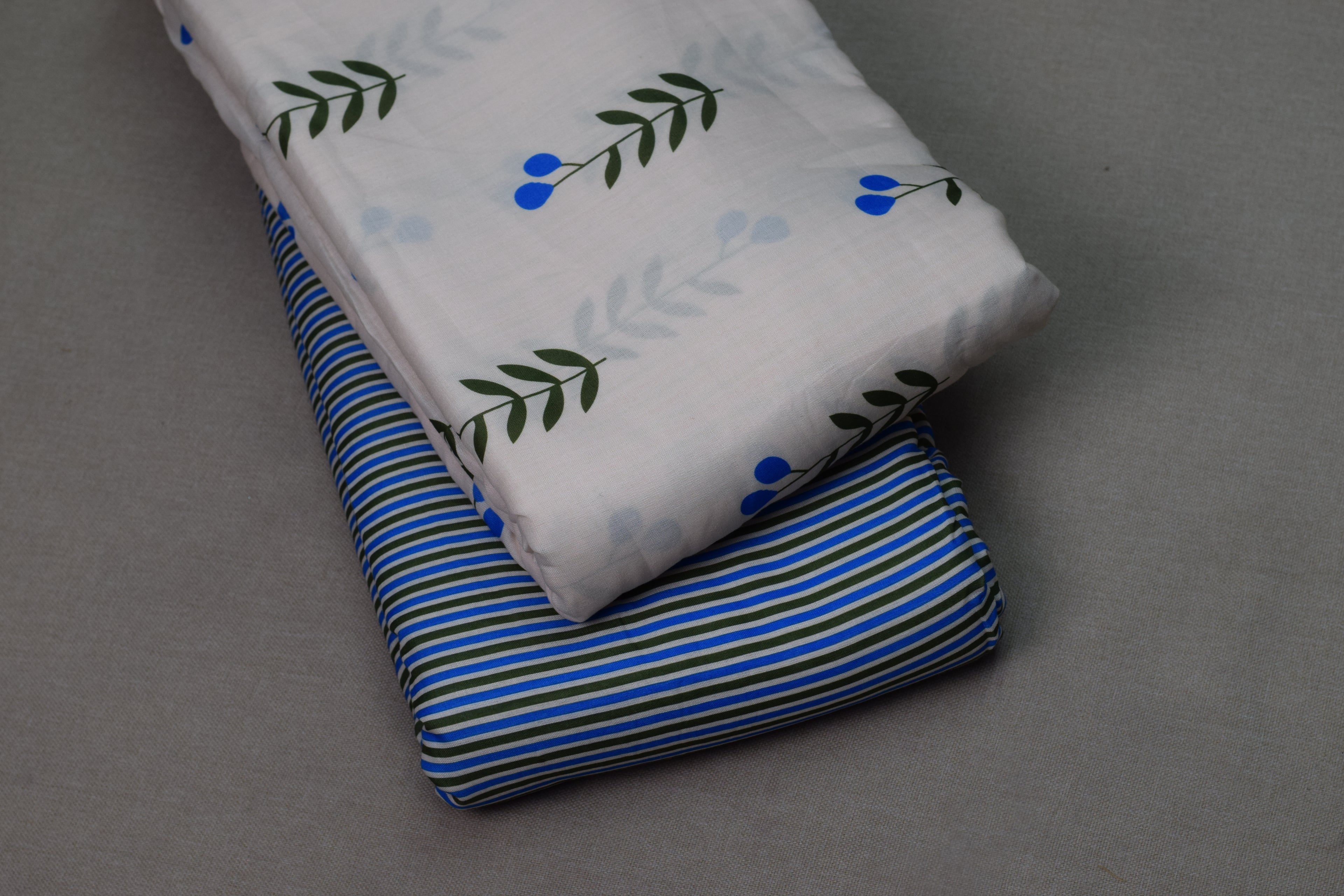 Blue Leaf Print Semi Linen Dress Material Set | Top & Bottom Fabric | 44" Width