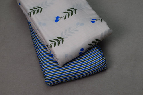 Blue Leaf Print Semi Linen Dress Material Set | Top & Bottom Fabric | 44" Width