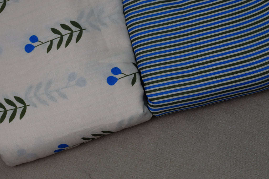 Blue Leaf Print Semi Linen Dress Material Set | Top & Bottom Fabric | 44" Width