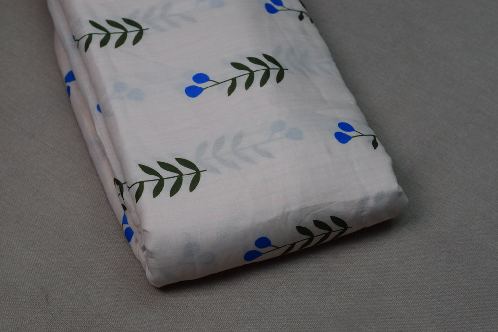 Blue Leaf Print Semi Linen Dress Material Set | Top & Bottom Fabric | 44" Width