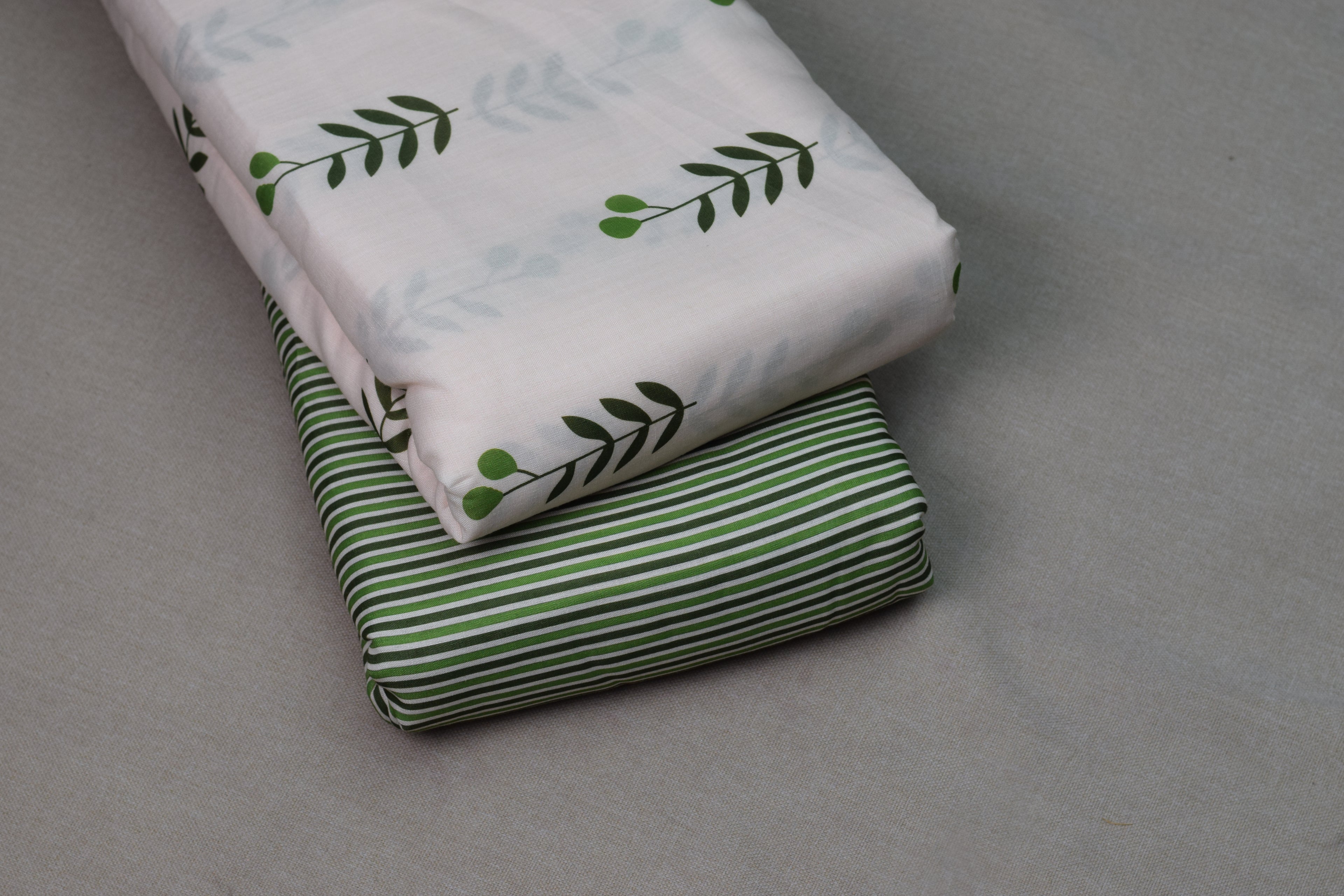 Green Leaf Print Semi Linen Dress Material Set – Top & Bottom Fabric (44" Width)