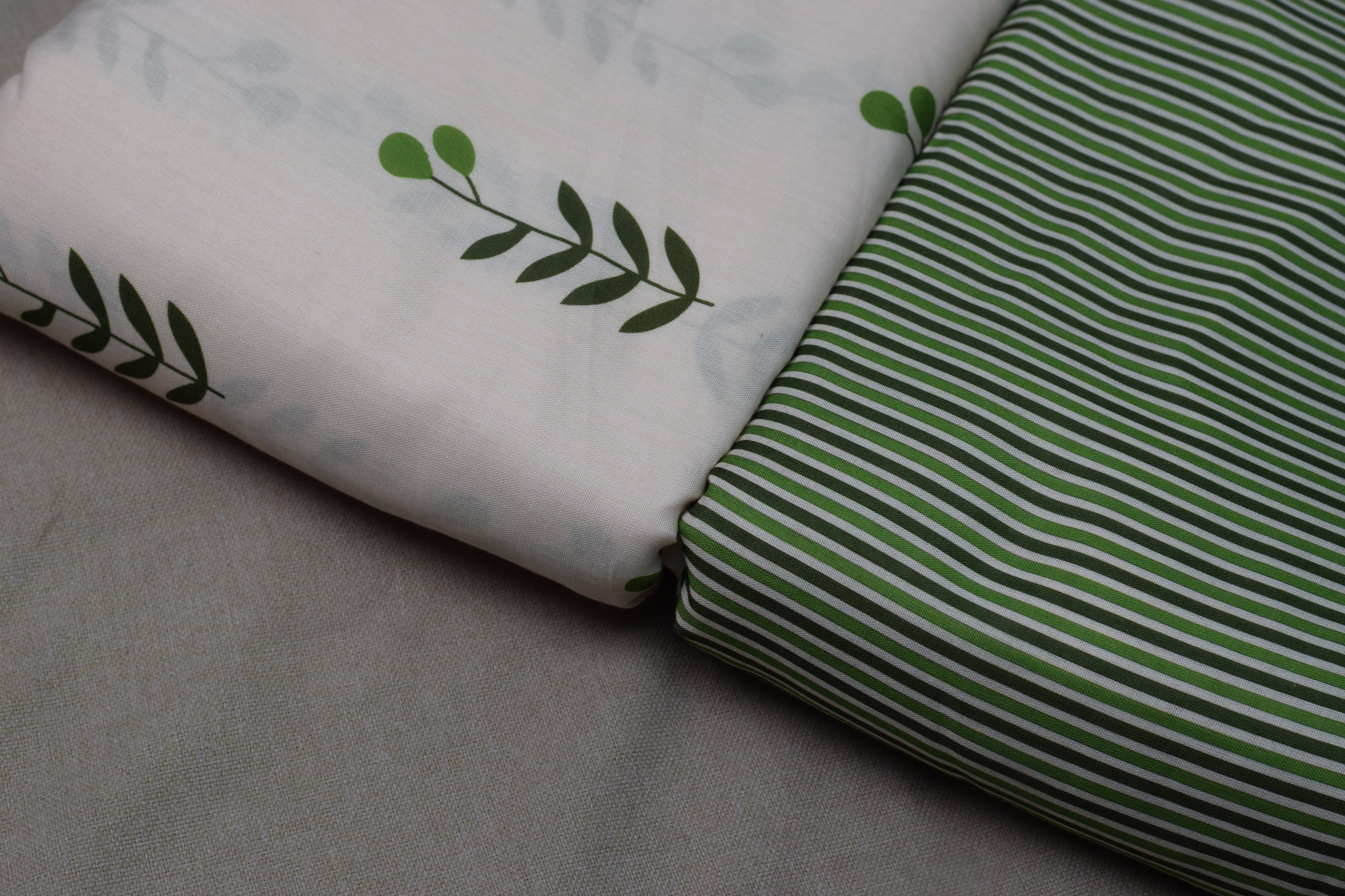 Green Leaf Print Semi Linen Dress Material Set – Top & Bottom Fabric (44" Width)