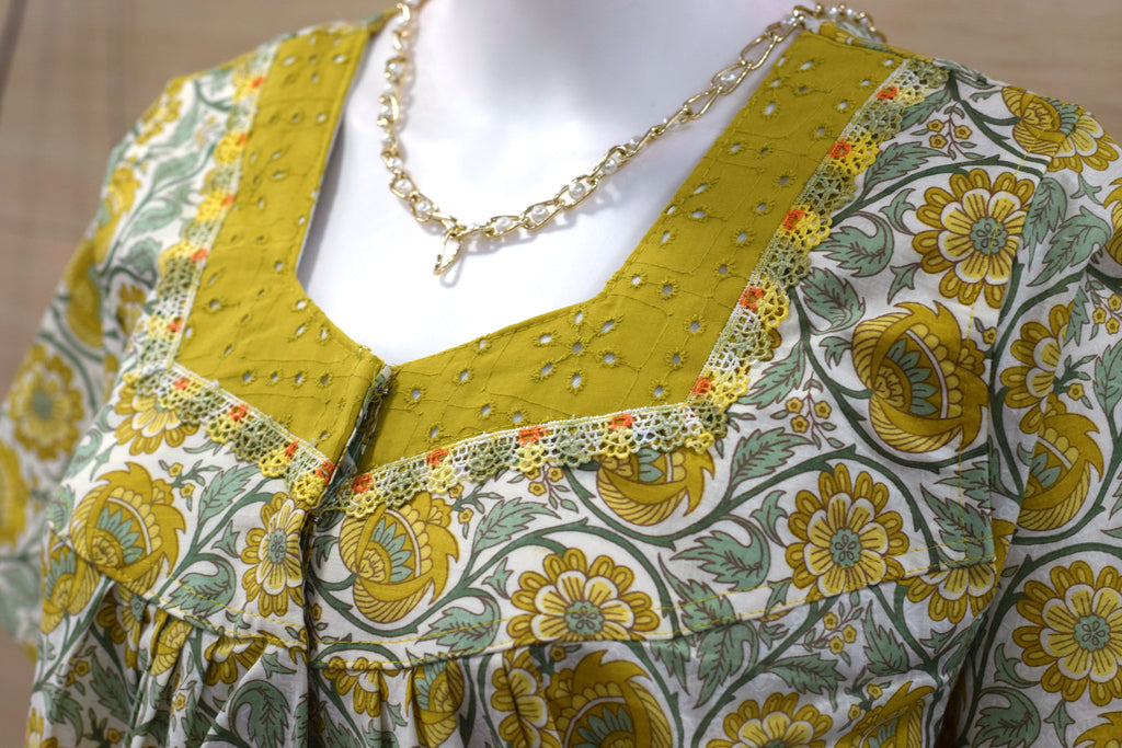 Women’s Cotton Full Length Nighty | Mustard Floral Printed Nightdress | XL