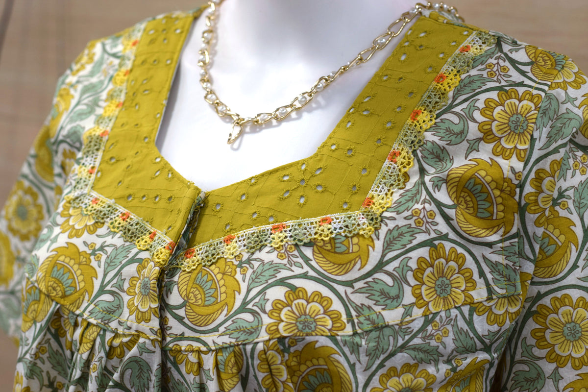 Women’s Cotton Full Length Nighty | Mustard Floral Printed Nightdress | XL