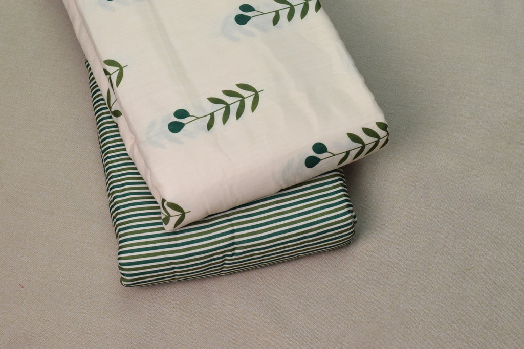 Semi Linen Printed Dress Material Set – Leaf Print Top & Striped Bottom | 44" Width | Top 2.5m & Bottom 2m