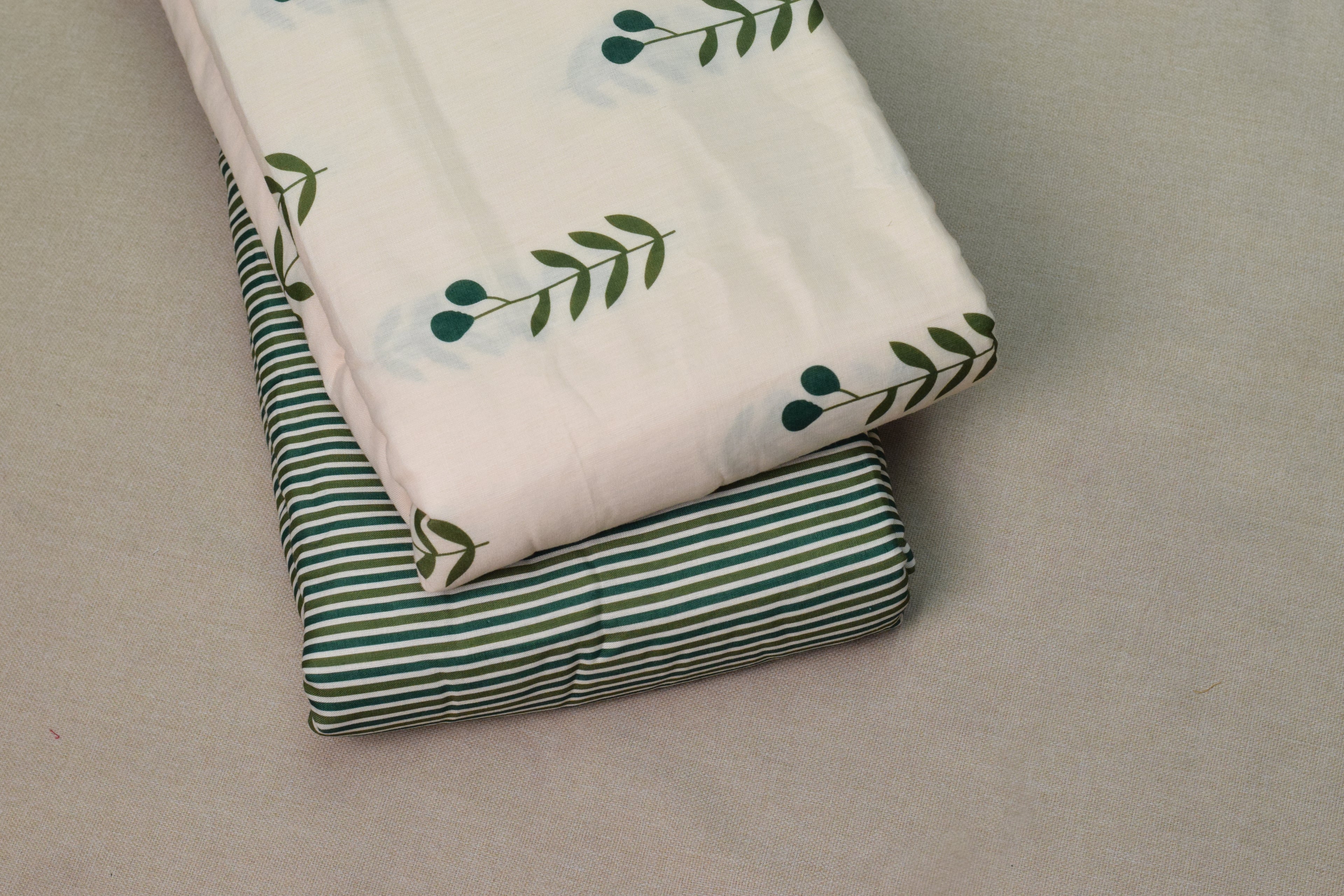 Semi Linen Printed Dress Material Set – Leaf Print Top & Striped Bottom | 44" Width | Top 2.5m & Bottom 2m