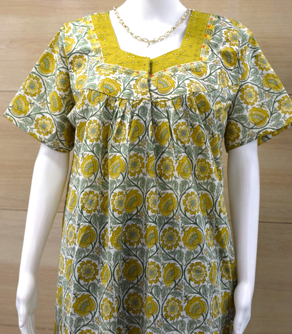 Women’s Cotton Full Length Nighty | Mustard Floral Printed Nightdress | XL