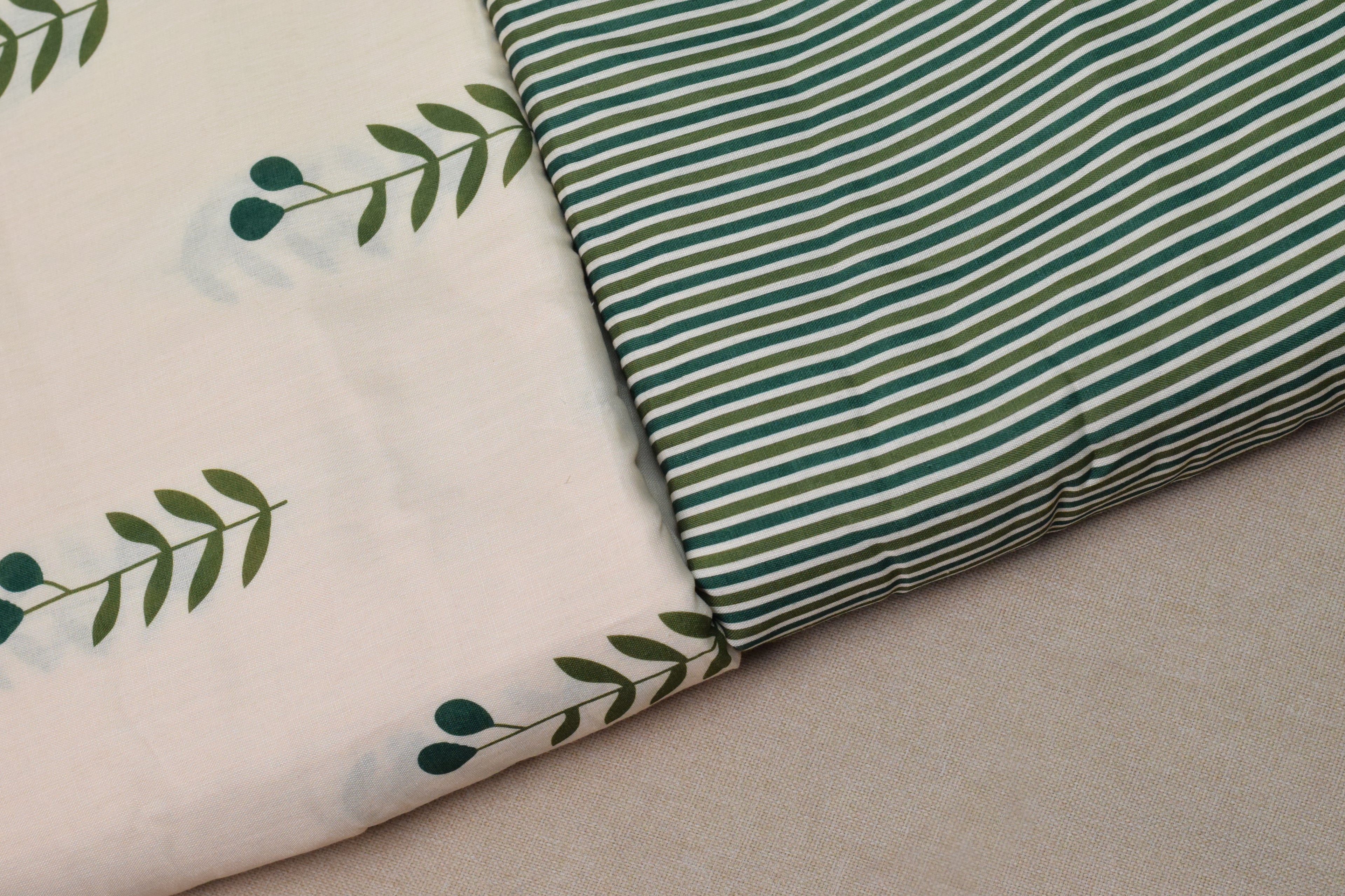 Semi Linen Printed Dress Material Set – Leaf Print Top & Striped Bottom | 44" Width | Top 2.5m & Bottom 2m