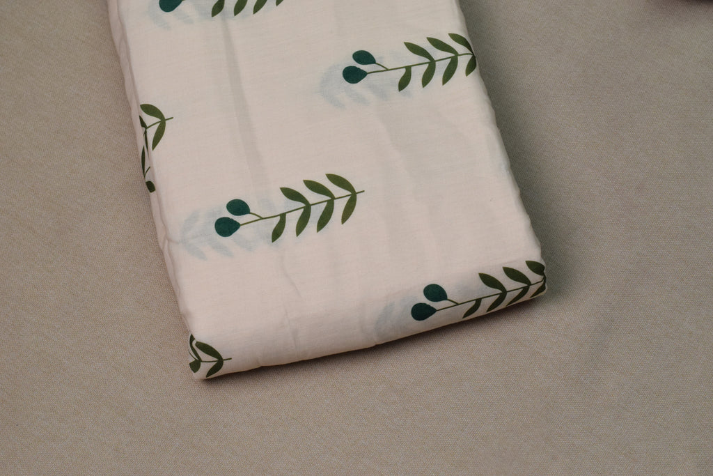 Semi Linen Printed Dress Material Set – Leaf Print Top & Striped Bottom | 44" Width | Top 2.5m & Bottom 2m