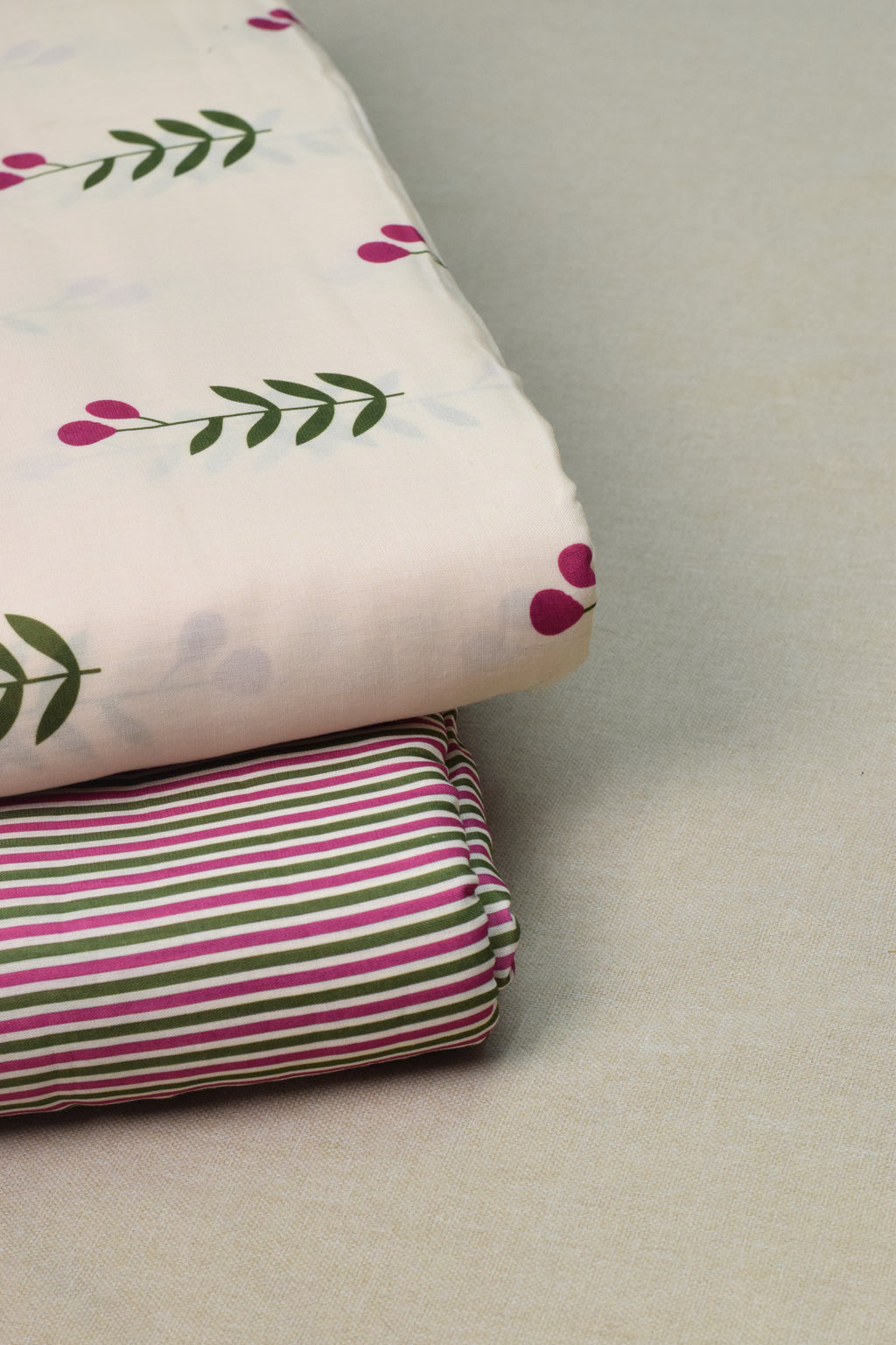 Semi Linen Dress Material Set – White Floral Printed Top with Pink & Green Striped Bottom | 44" Width | Top 2.5m & Bottom 2m