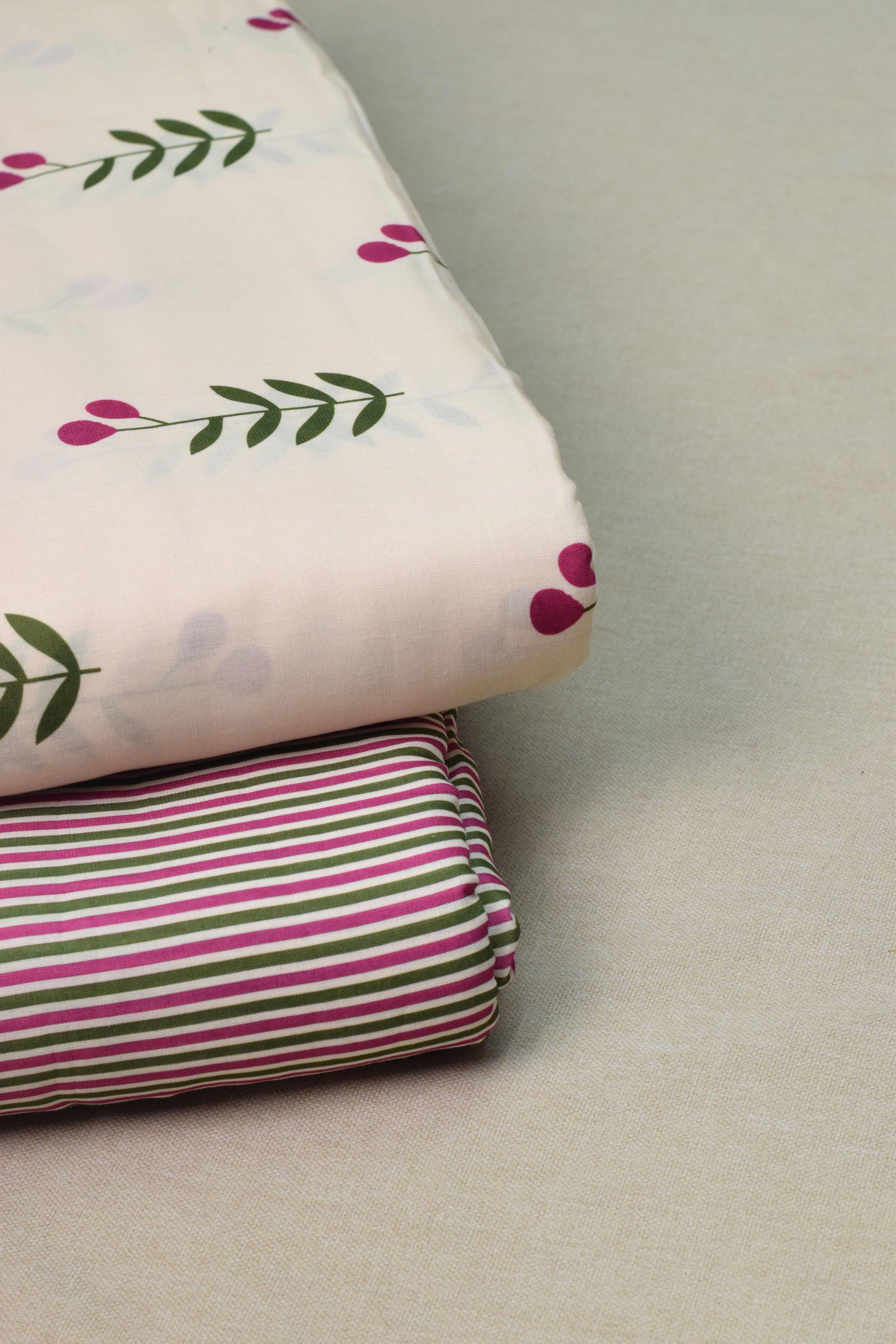 Semi Linen Dress Material Set – White Floral Printed Top with Pink & Green Striped Bottom | 44" Width | Top 2.5m & Bottom 2m