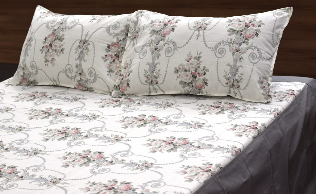 King Size Cotton Bedspread with 2 Pillow Covers | Elegant White &Grey Floral Printed Bed Cover |