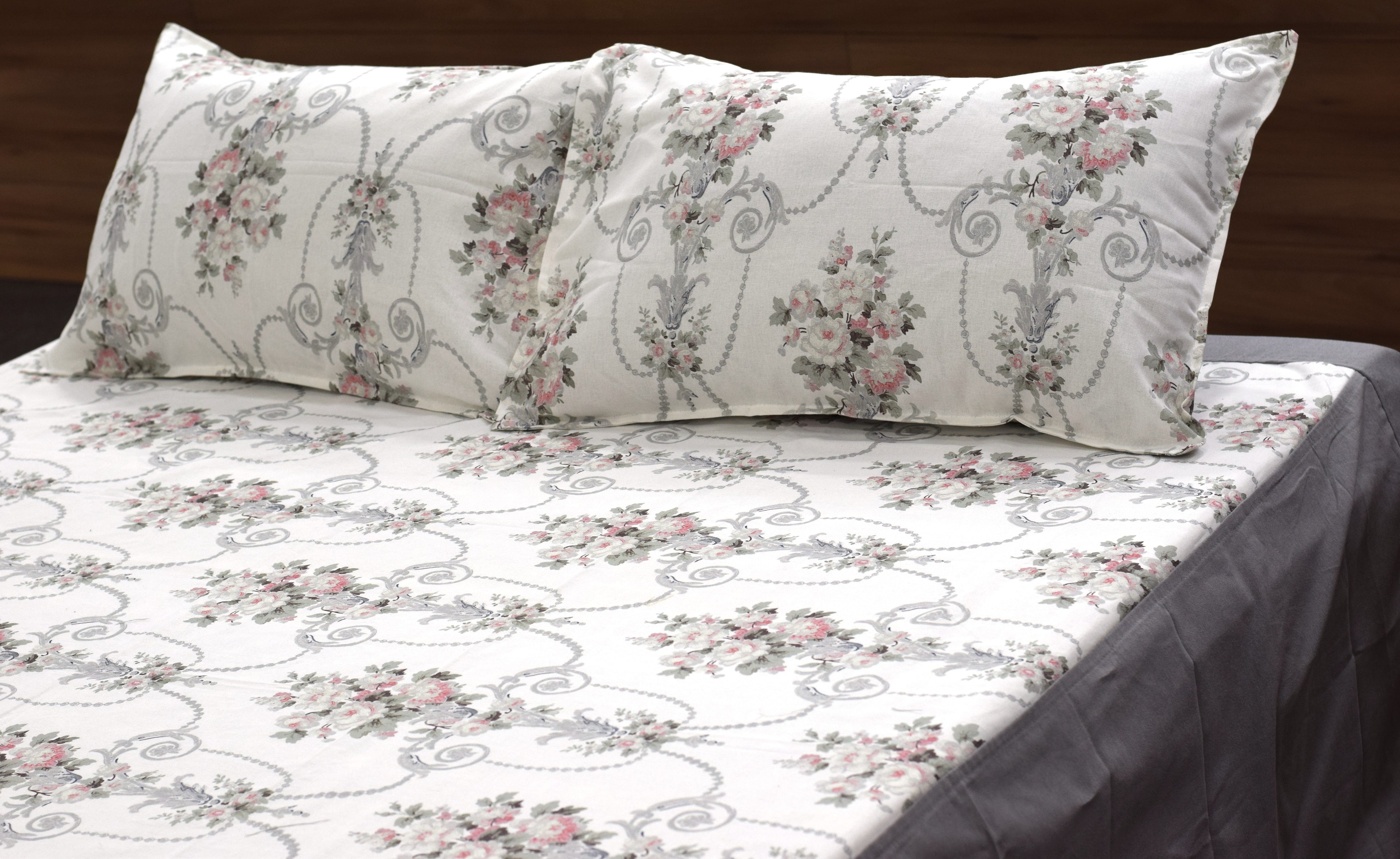 King Size Cotton Bedspread with 2 Pillow Covers | Elegant White &Grey Floral Printed Bed Cover |