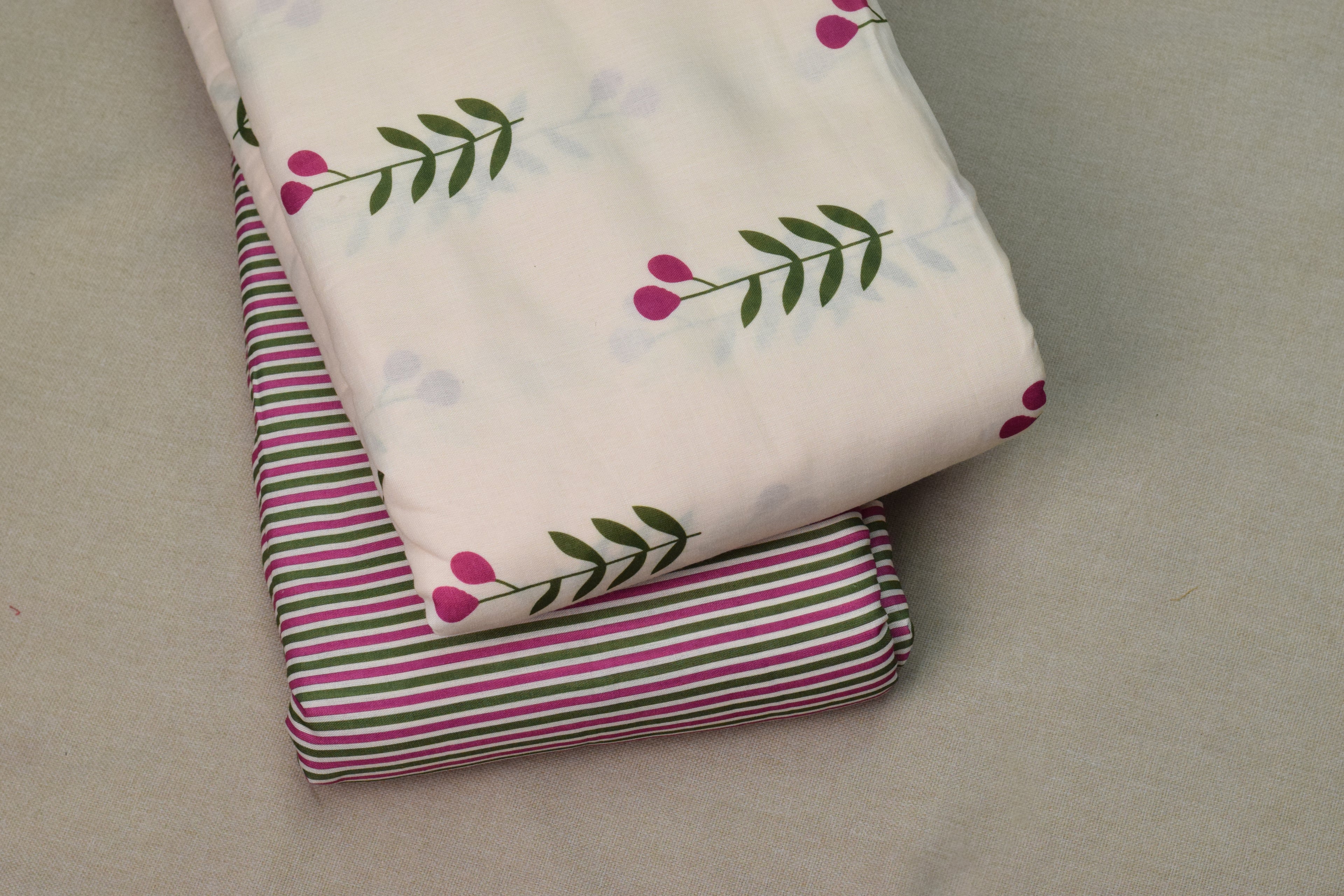 Semi Linen Dress Material Set – White Floral Printed Top with Pink & Green Striped Bottom | 44" Width | Top 2.5m & Bottom 2m