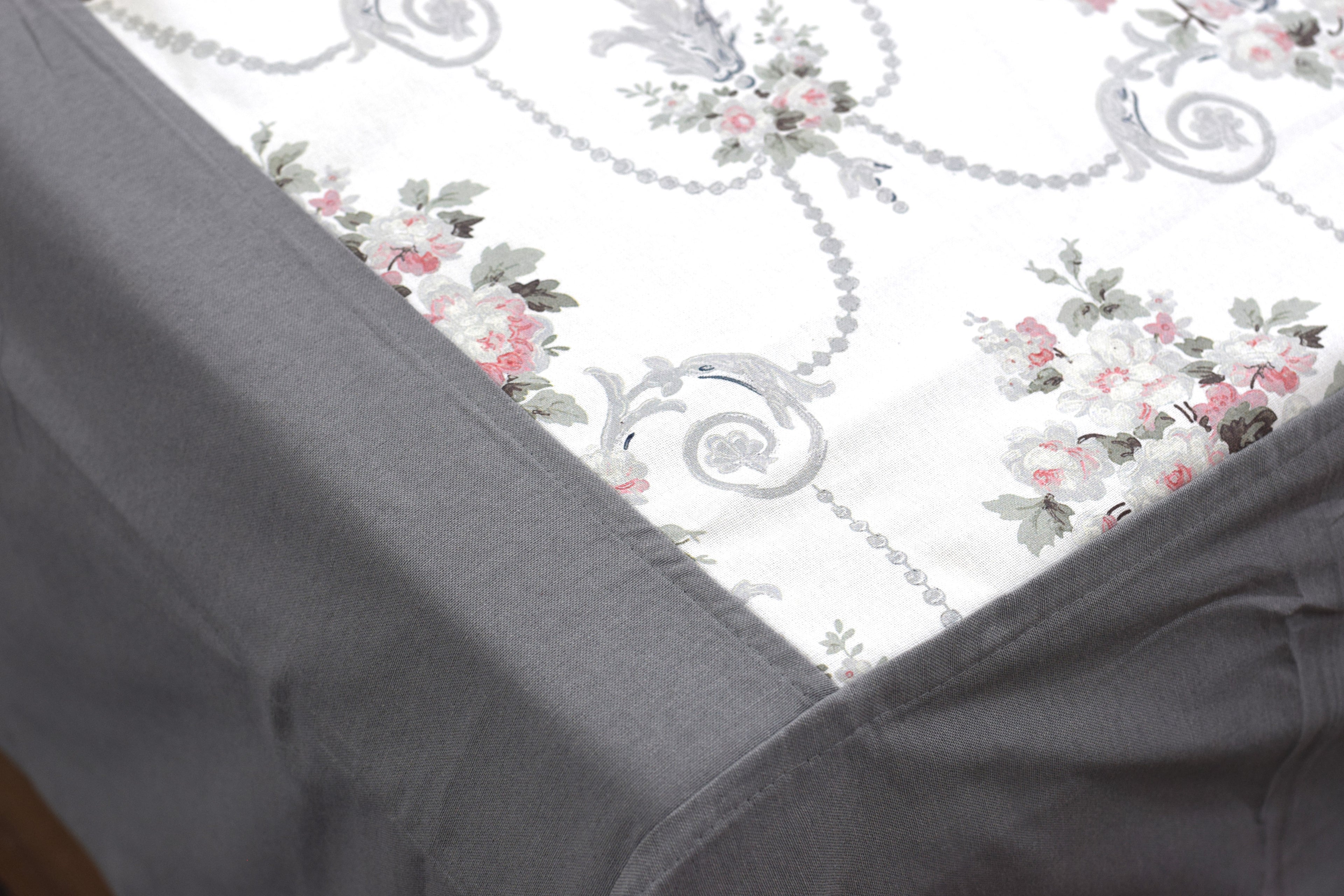 King Size Cotton Bedspread with 2 Pillow Covers | Elegant White &Grey Floral Printed Bed Cover |