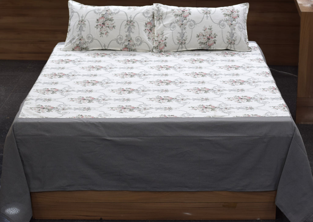 King Size Cotton Bedspread with 2 Pillow Covers | Elegant White &Grey Floral Printed Bed Cover |