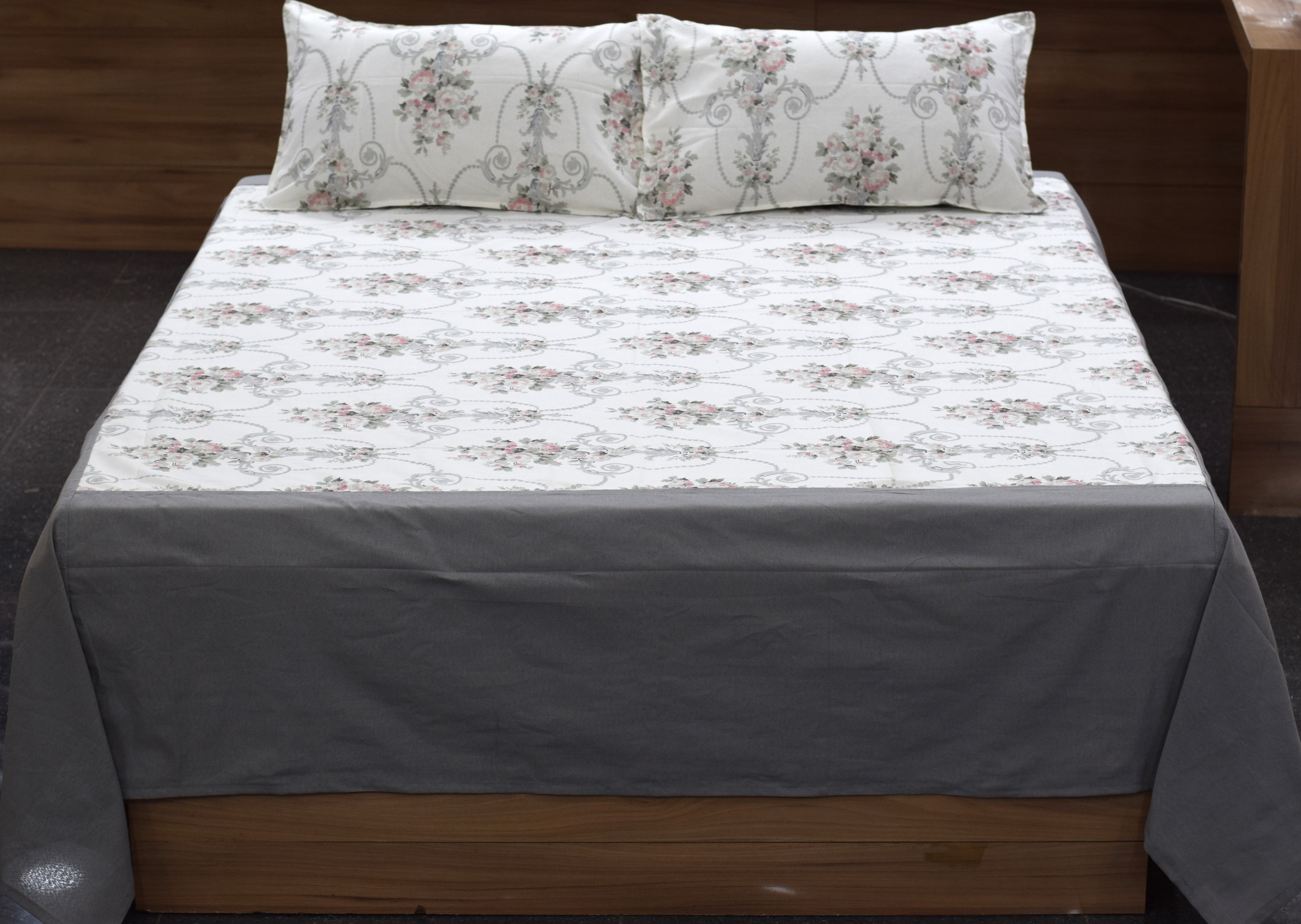 King Size Cotton Bedspread with 2 Pillow Covers | Elegant White &Grey Floral Printed Bed Cover |